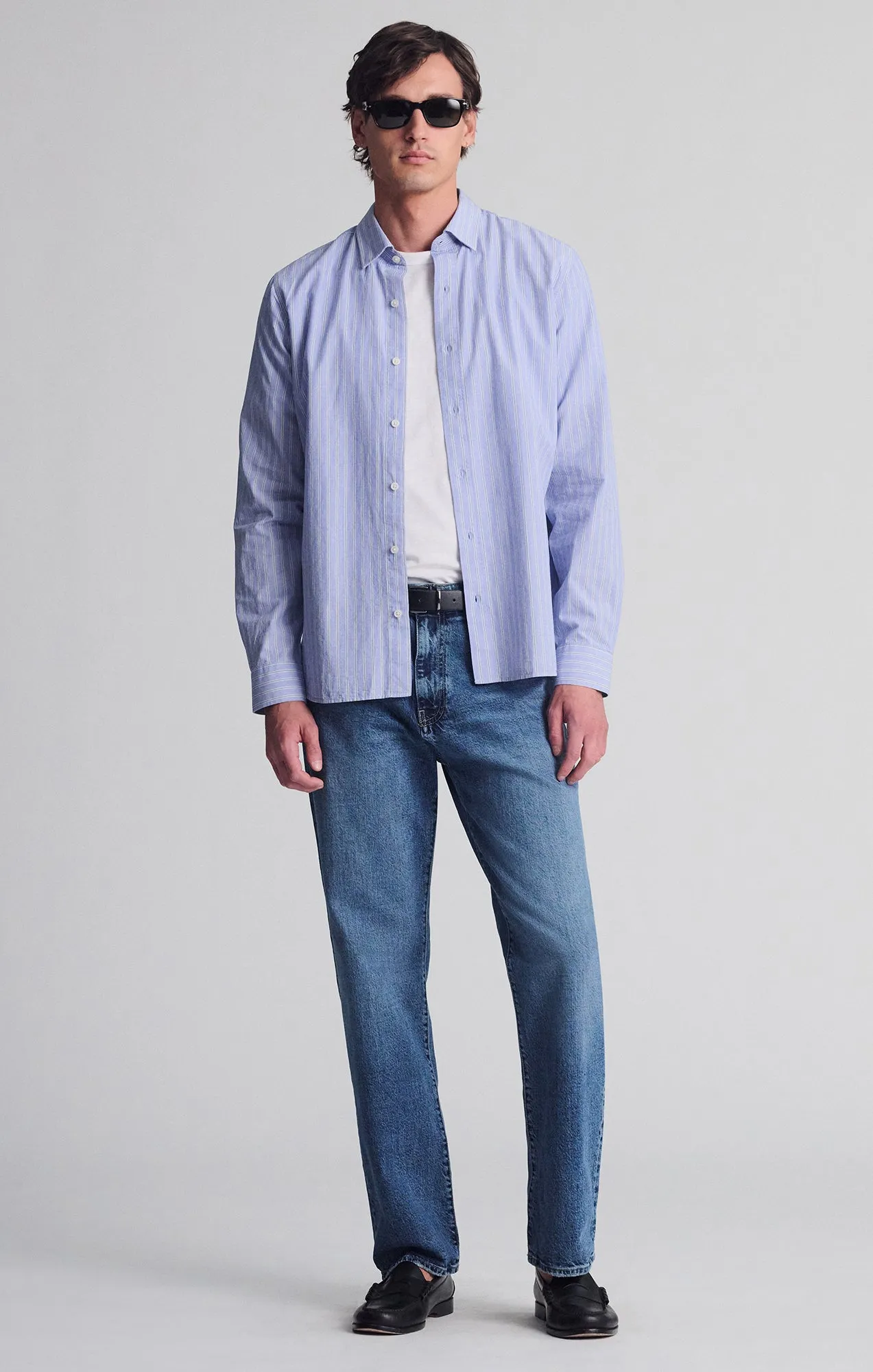 All-Purpose Wear Shimmer Effect STRIPED LONG SLEEVE BUTTON-UP SHIRT IN HEATHER