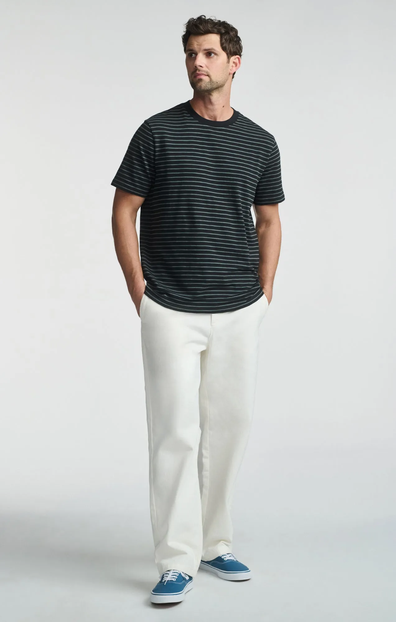 STRIPED SHORT SLEEVE CREW NECK T-SHIRT IN JET BLACK Anti-bacterial Pocket Detailing
