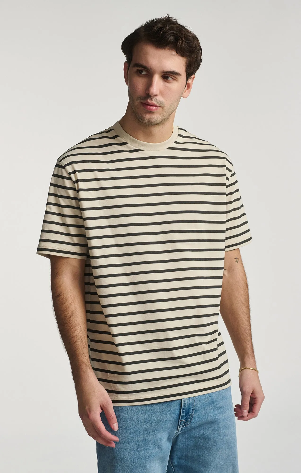 STRIPED SHORT SLEEVE CREW NECK T-SHIRT IN PELICAN Flexible Waist