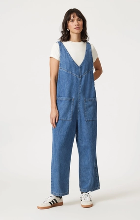 MYRA ROMPER IN MID BLUE WELL BLUE Softened Denim Material Cool Outfit