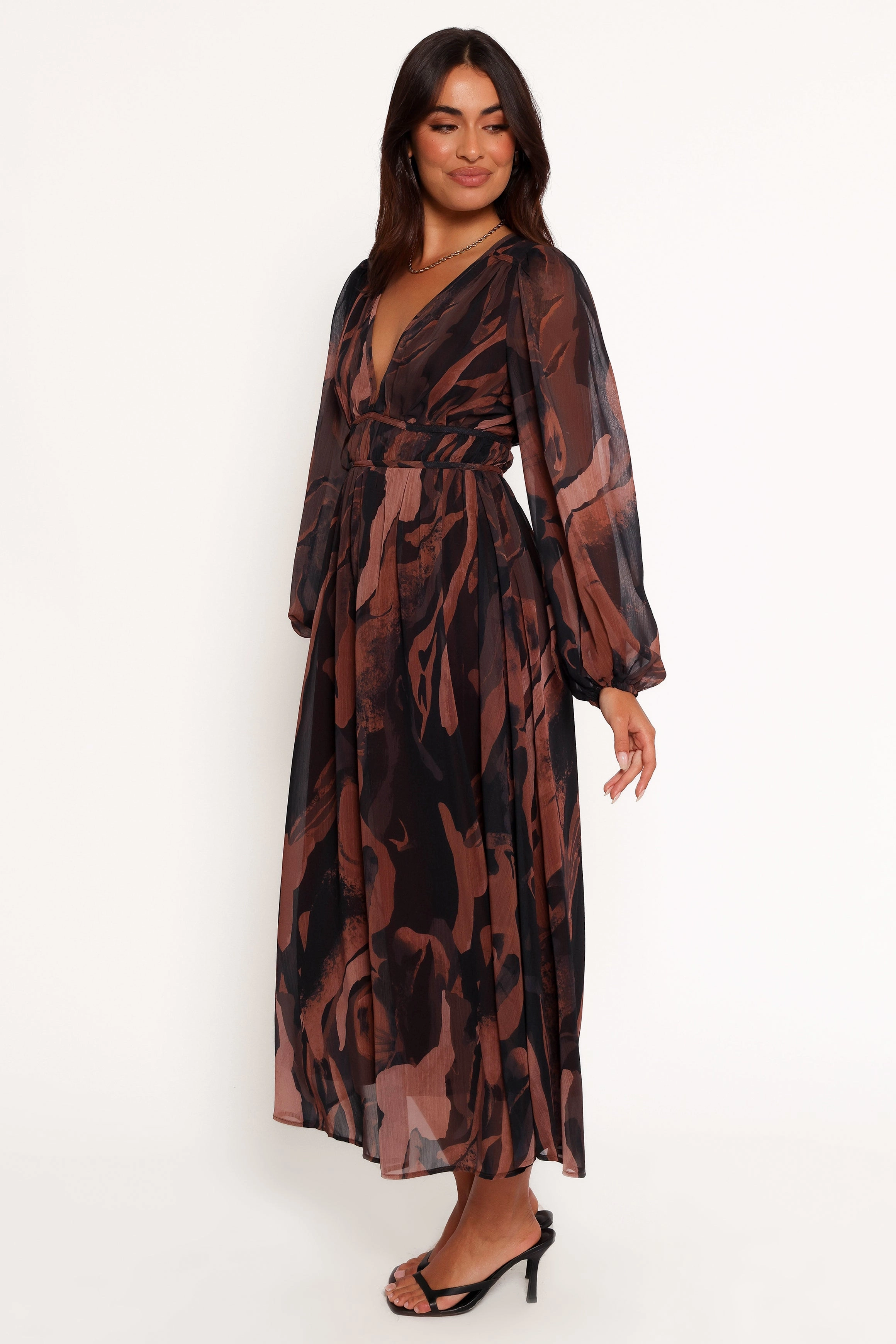 Rhinestone-Detail Smile Soft Blayze Long Sleeve Maxi Dress - Brown Print
