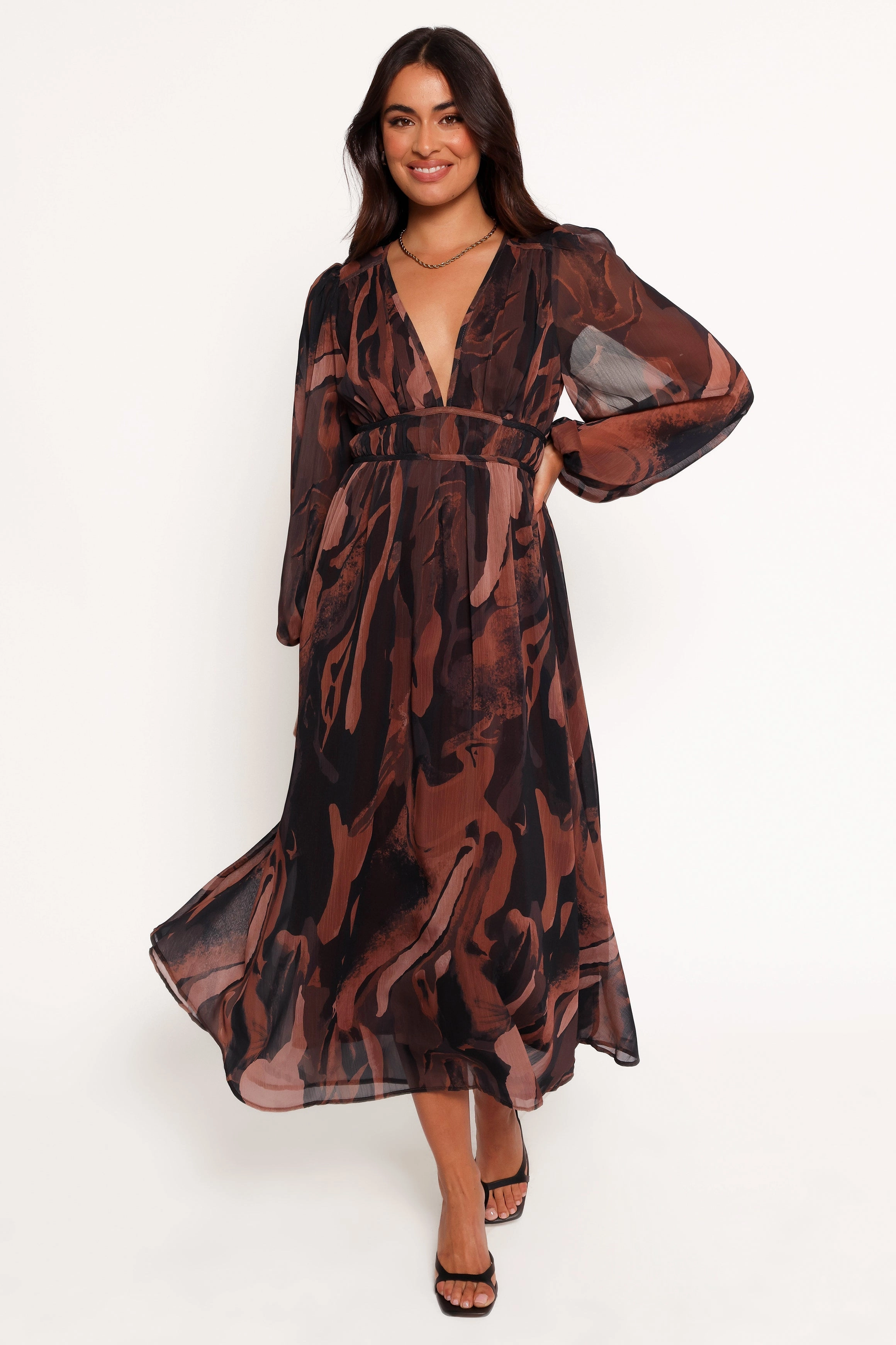 Blayze Long Sleeve Maxi Dress - Brown Print Soft Fit Wear Inclusive Fit