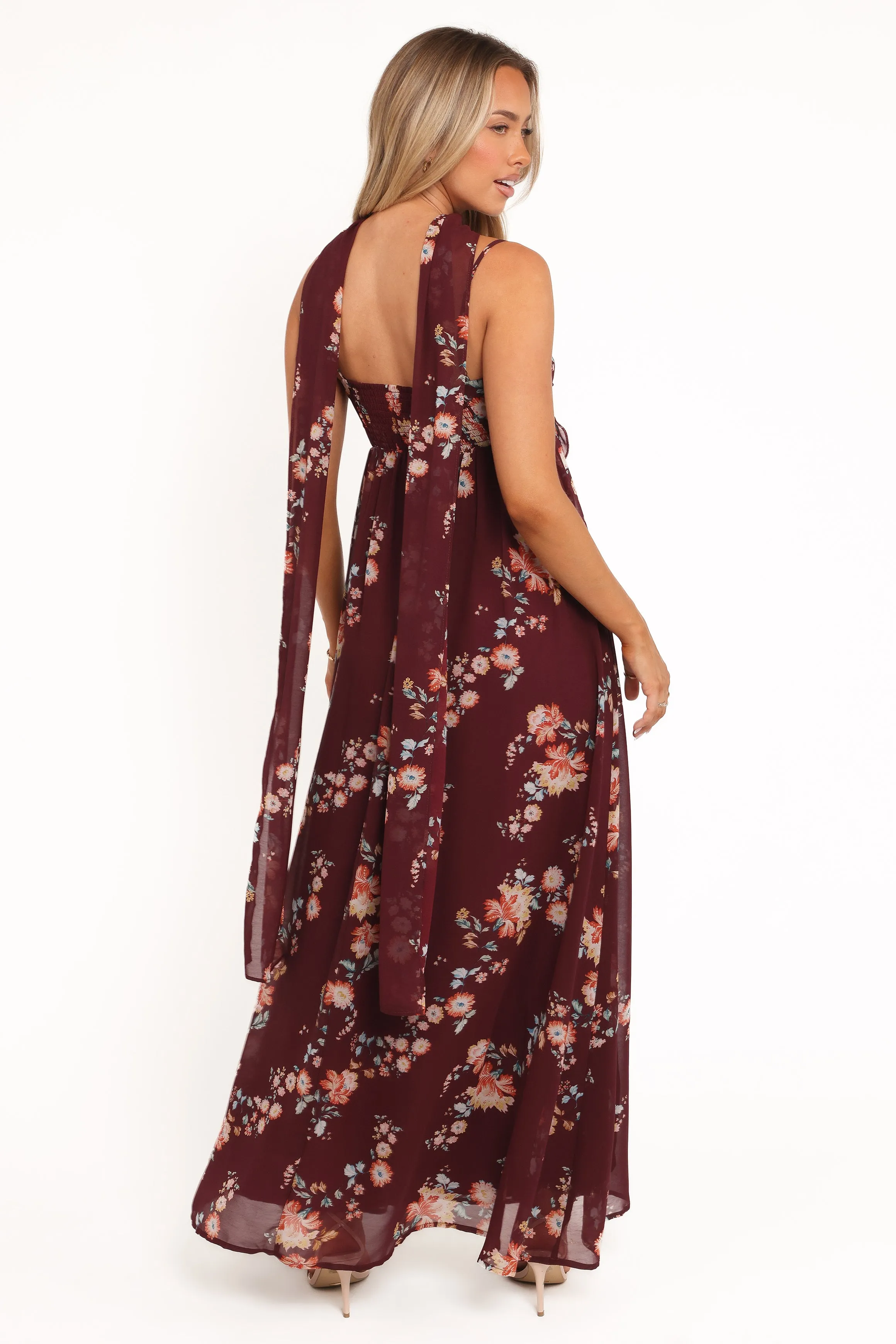 Body Flow Drawstring-Waist Tully Maxi Dress - Berry Floral
