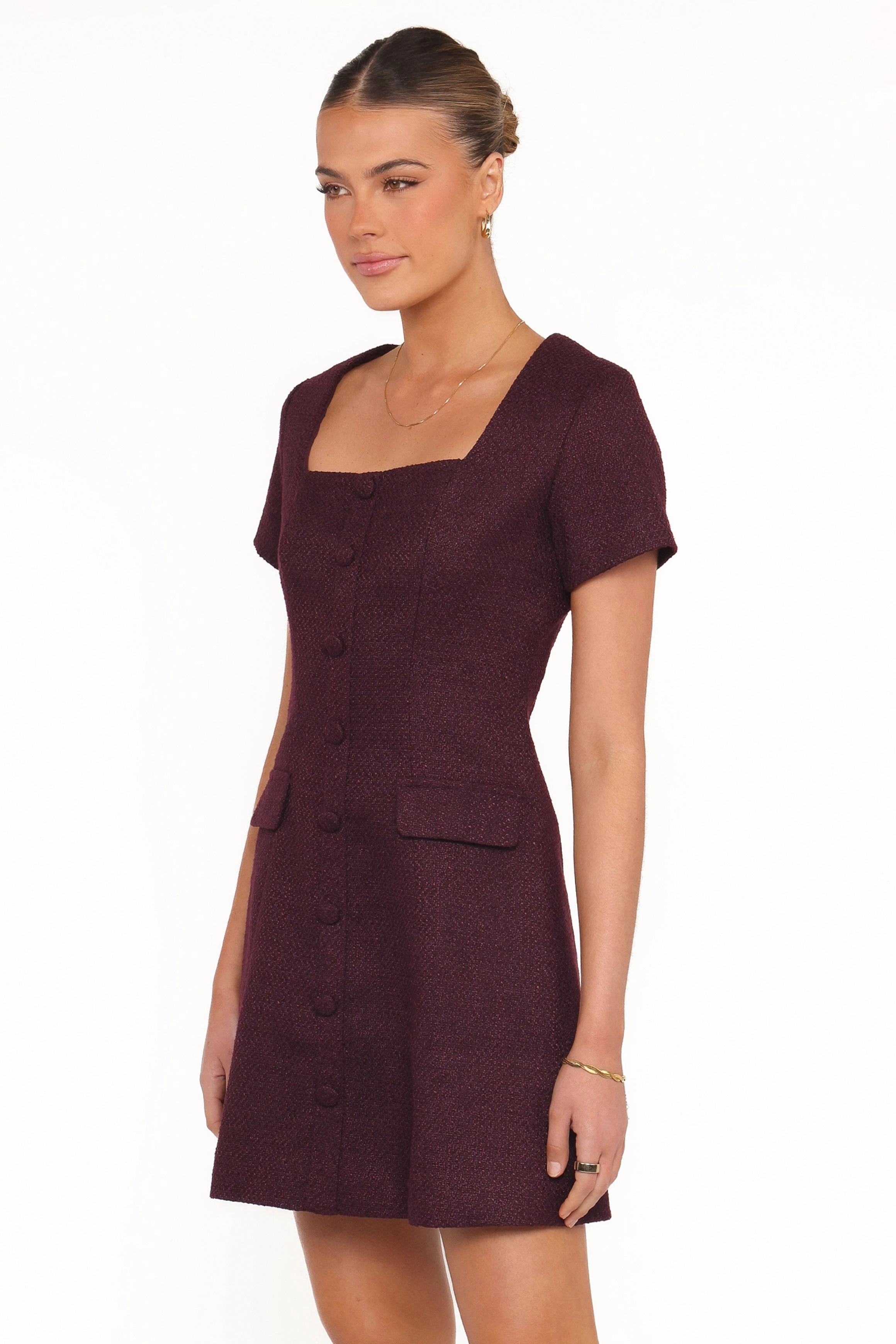 Sutton Mini Dress - Plum Tweed Layered Comfort Birthday-Celebration
