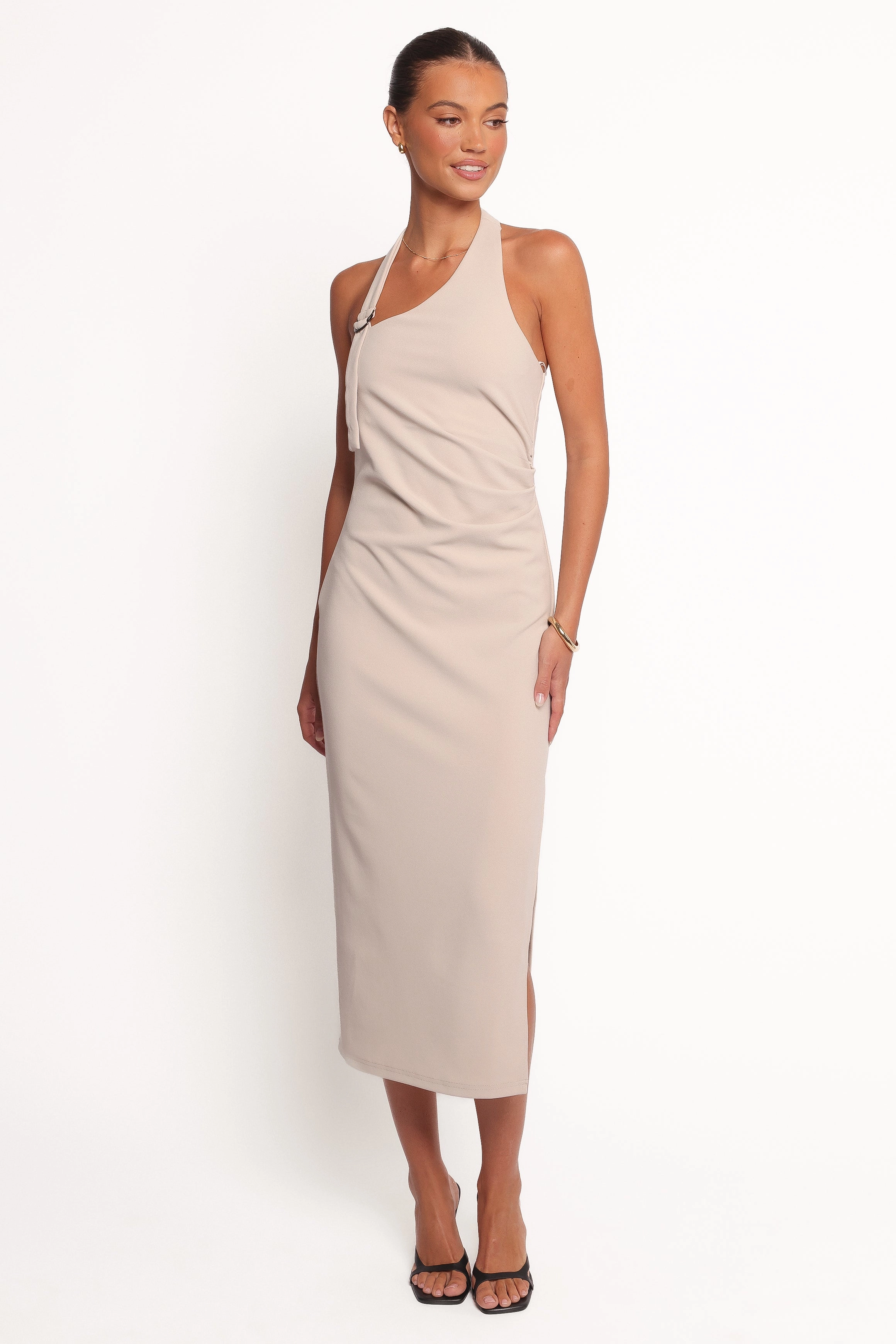 Chic Layering Winter-Season Sylvan Halter Midi Dress - Stone