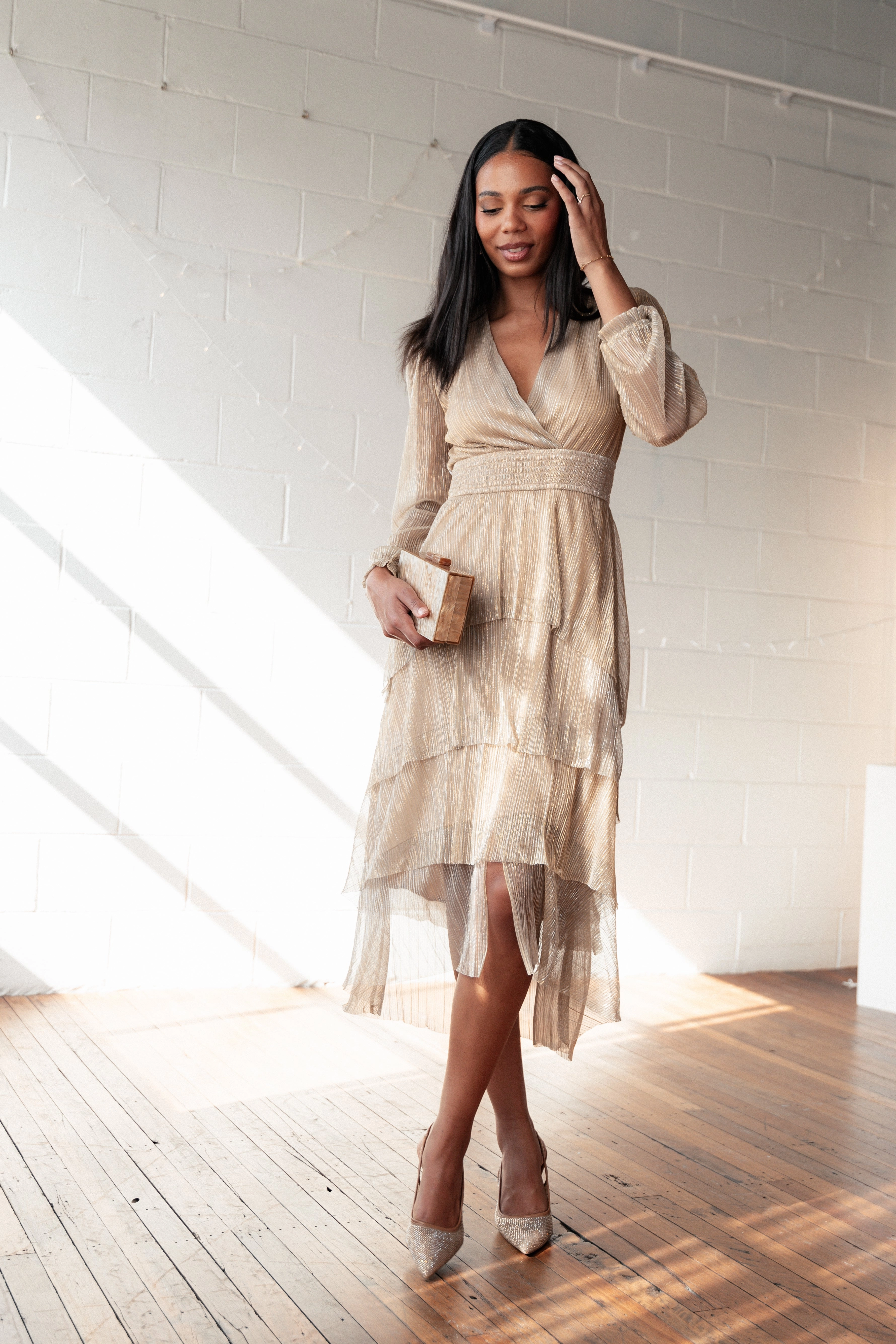 Cybil Pleated Tiered Midi Dress - Champagne Gold Flawless Construction Effortless Tailoring