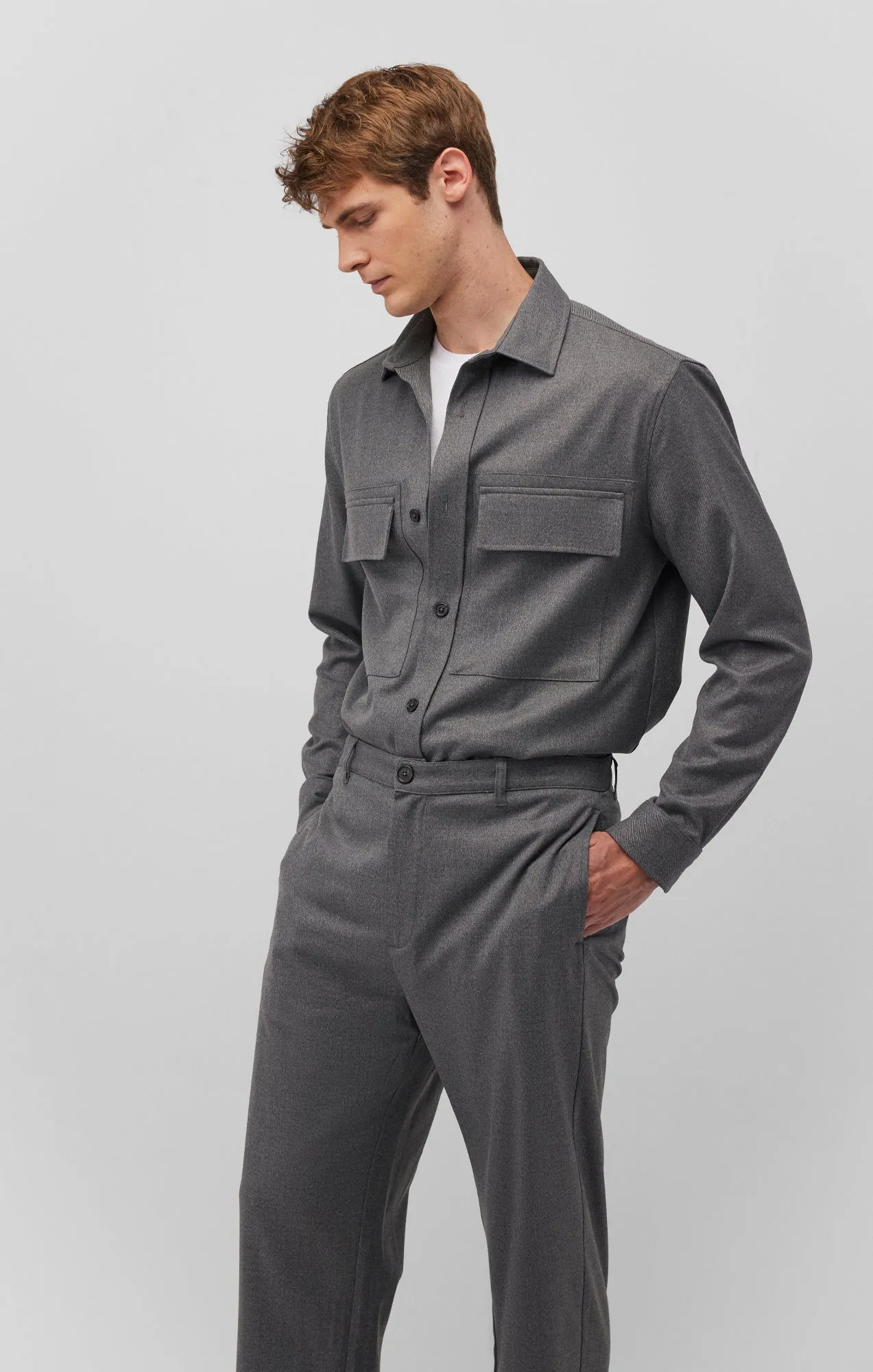 DOUBLE POCKET SHIRT IN DARK GREY MELANGE Wrinkle Free Care