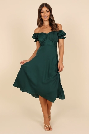 Mickenna Sweetheart Frill Midi Dress - Emerald Bold Color Printed-Lining