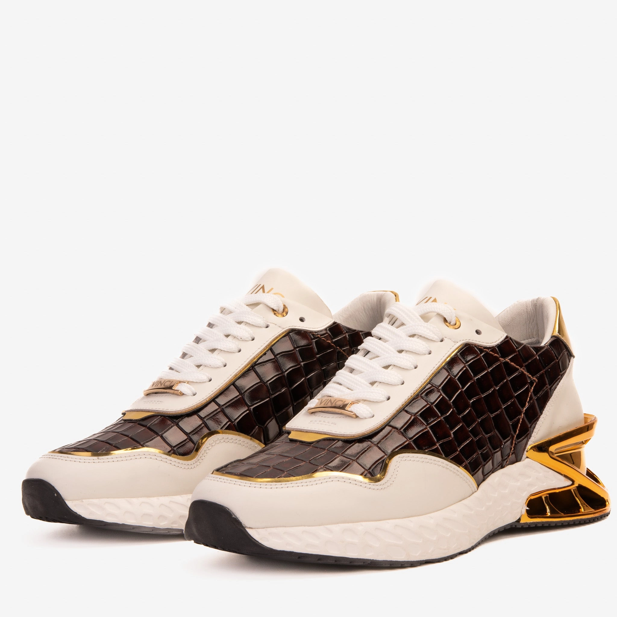 The Bellagio White & Gold Leather Men Sneaker Woven Texture