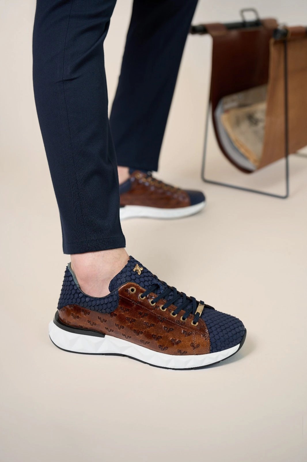 The Caesars Navy & Tan Leather Men Sneaker Arch Support Design Casual Favorite