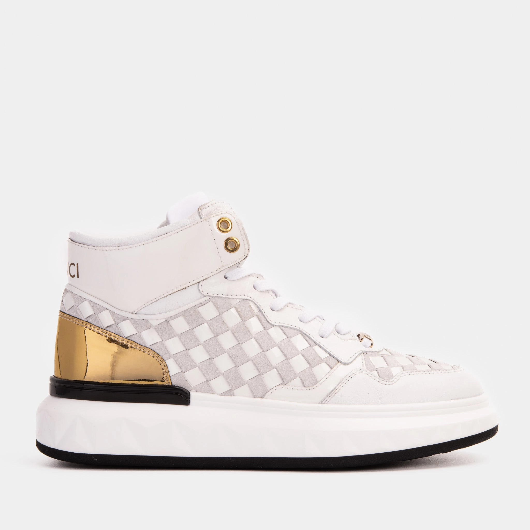 Training Mode Athletic Appeal The Eugene White & Gold Woven Leather High-Top Men Sneaker