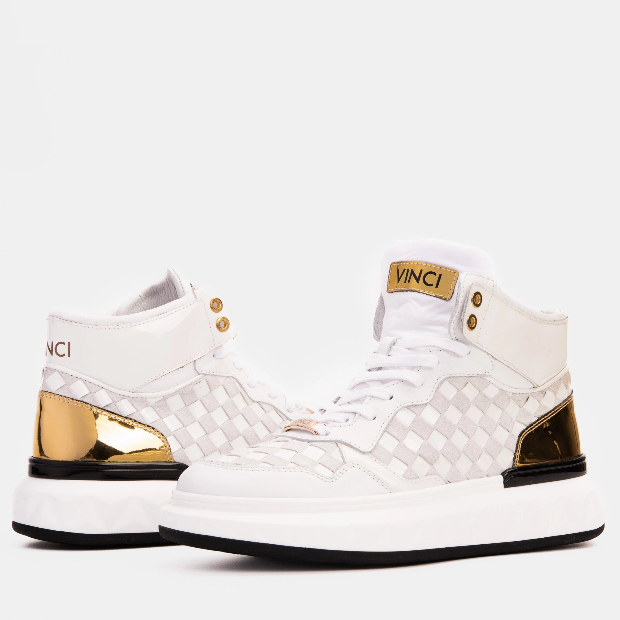 Ankle Ease Heel Counter Structure The Eugene White & Gold Woven Leather High-Top Men Sneaker