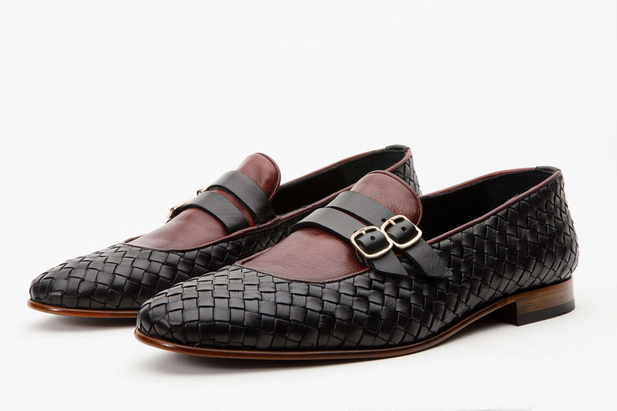 The Vatra Black & Burgundy Woven Double Monk Strap Men Shoe Minimal Build