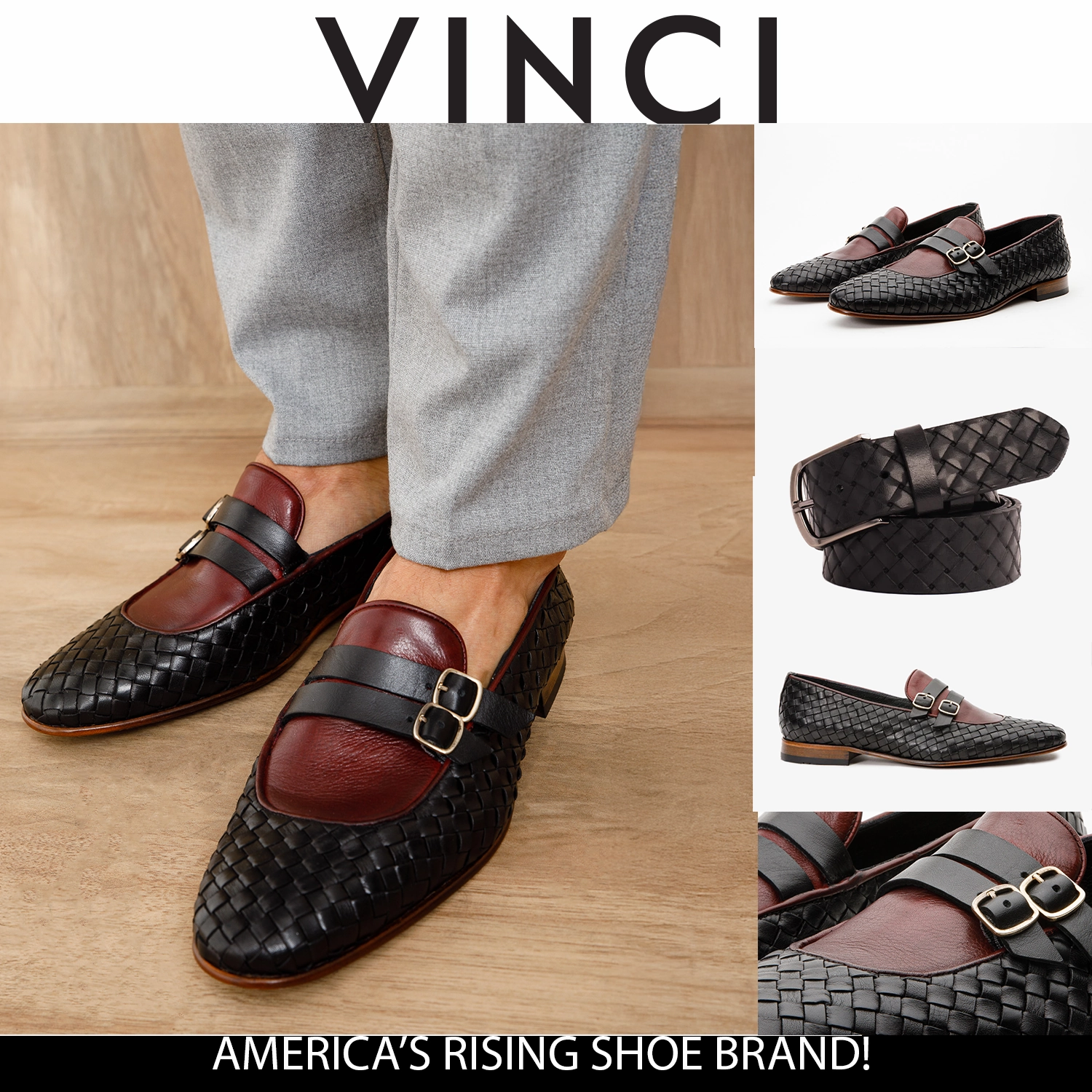 The Vatra Black & Burgundy Woven Double Monk Strap Men Shoe Ergonomic Support Everyday Footwear