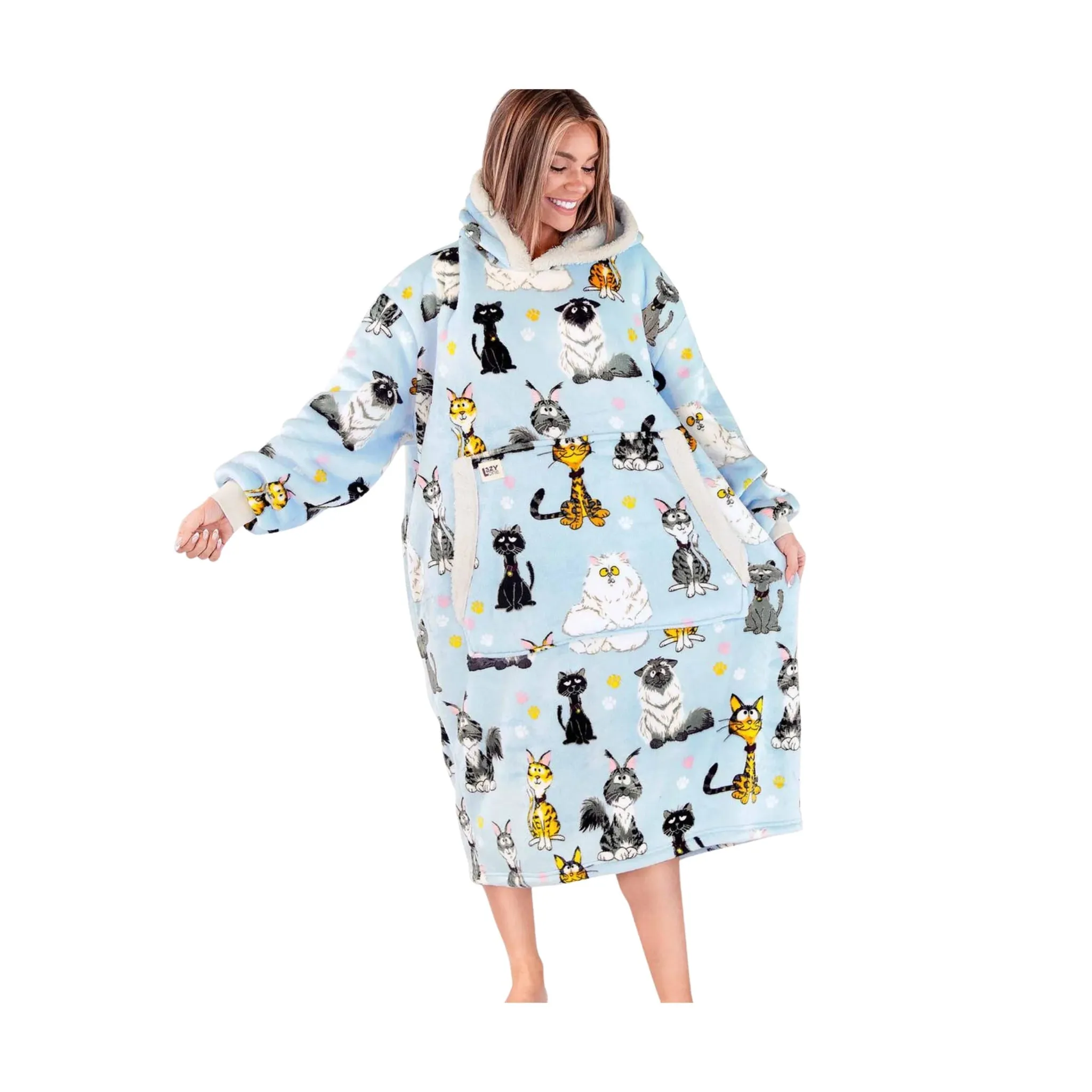 Lazy One Cattitude Blanket Hoodie - Light Blue Street Style Vibe product tweed warmth