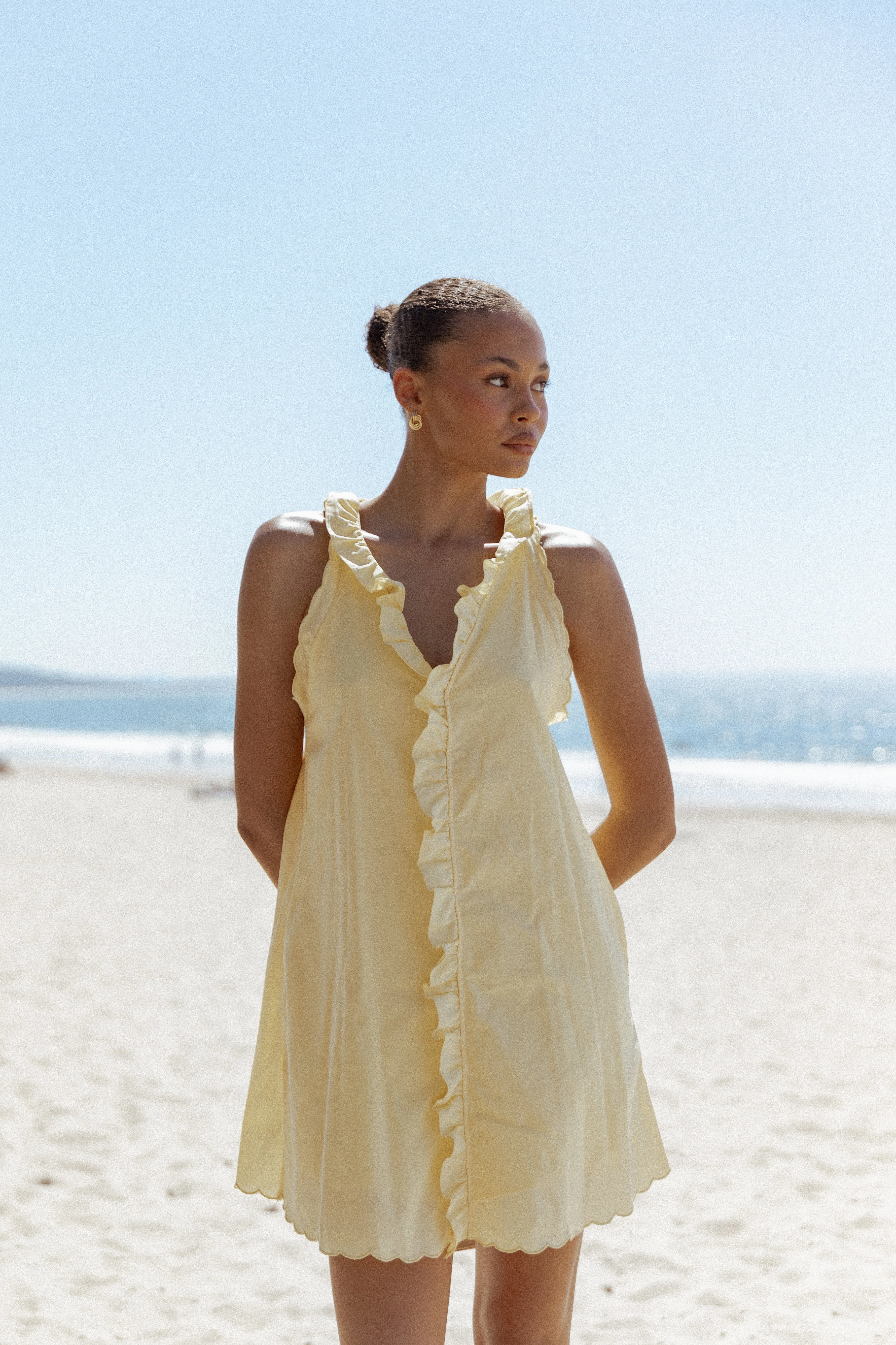 Cassandra Ruffle Mini Dress - Butter Yellow Layered Design Soft Profile