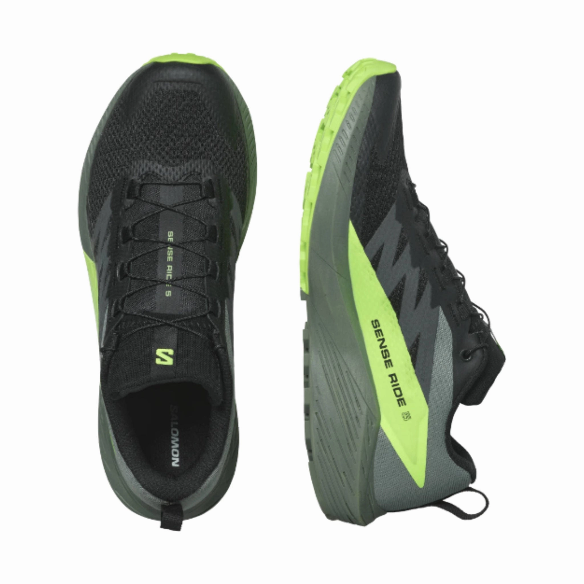 Flexible Toe Box Salomon Men's Sense Ride 5 Trail Running Shoes - Black / Laurel Wreath / Green Gecko