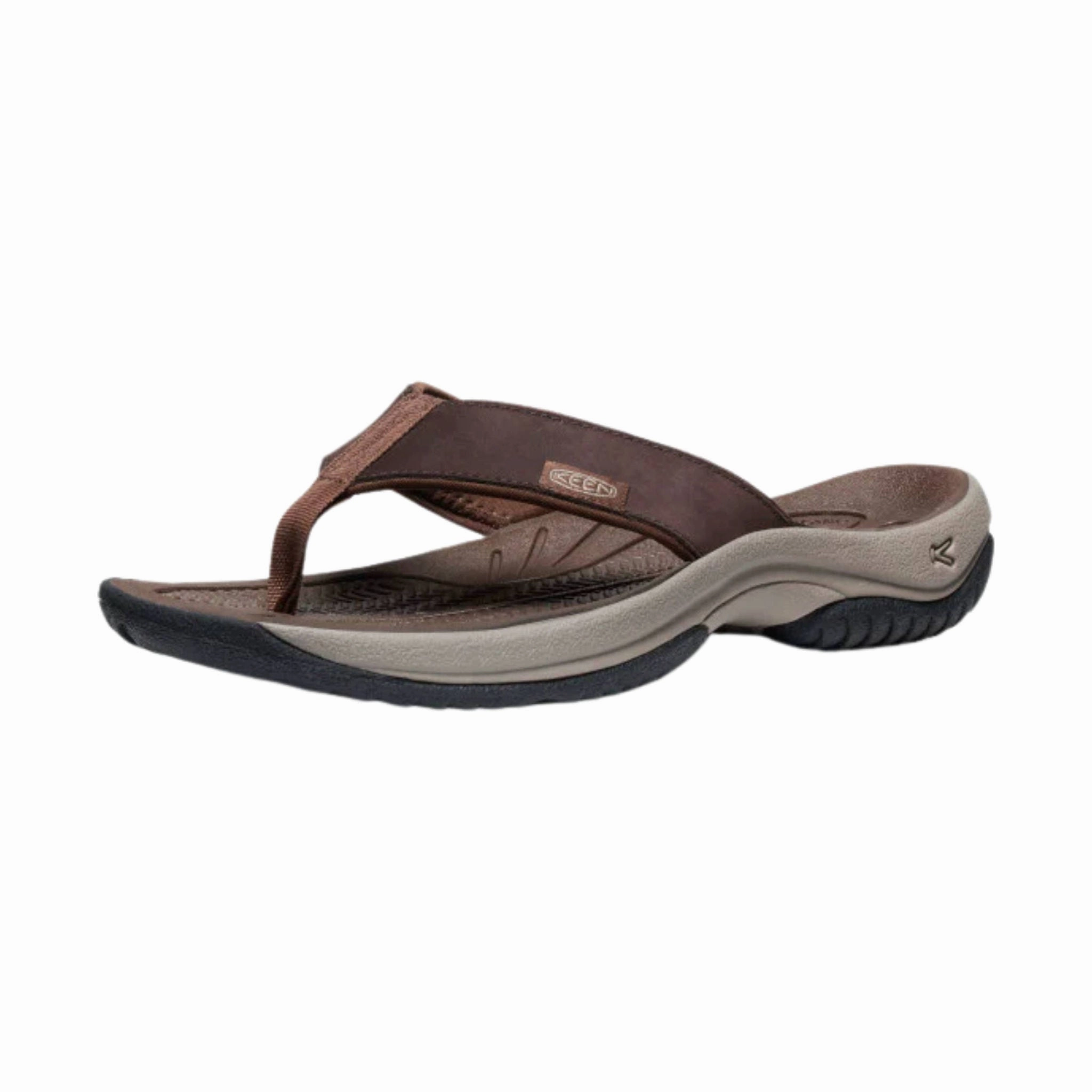 Sleek Travel Footwear KEEN Men's Kona Leather Flip Flop - Java/Dark Earth