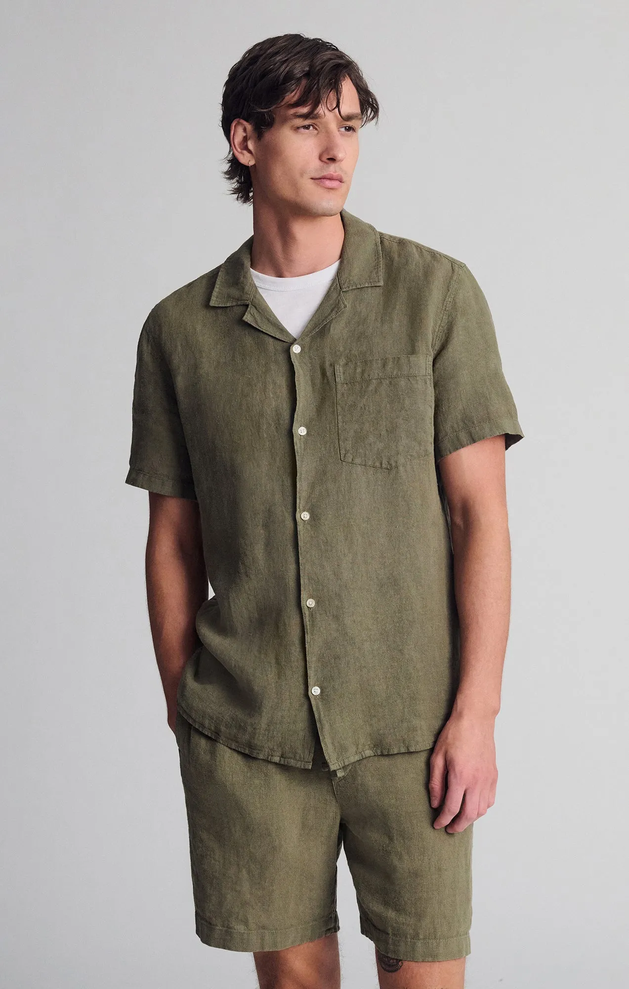 crew neck Versatile Layering Piece LINEN SHORT SLEEVE SHIRT IN KALAMATA