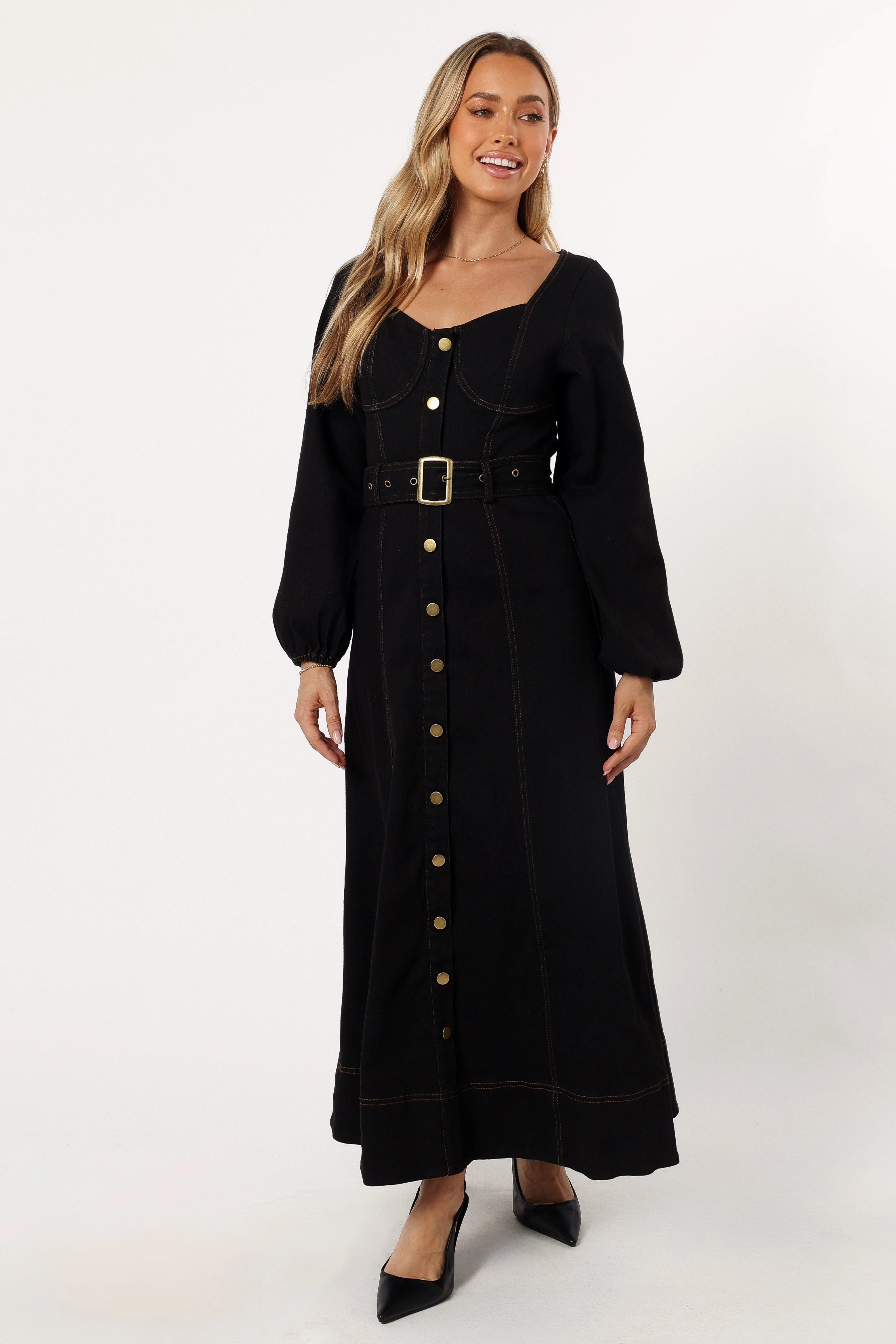 Square Neck Subtle Comfort Mateo Long Sleeve Denim Dress - Black