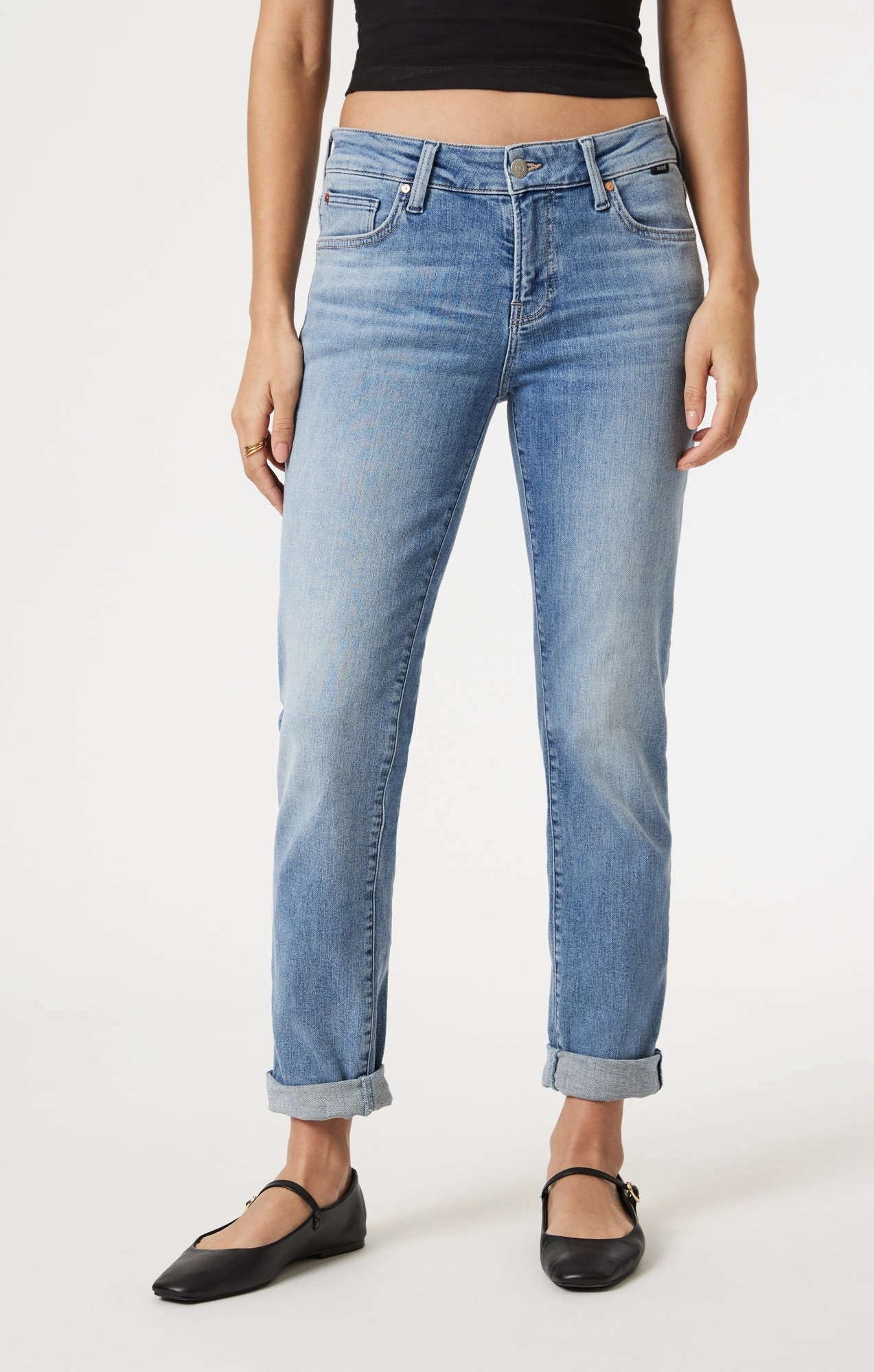 EMMA SLIM BOYFRIEND IN LIGHT BRUSHED FLEX BLUE Weather Friendly Distressed Details