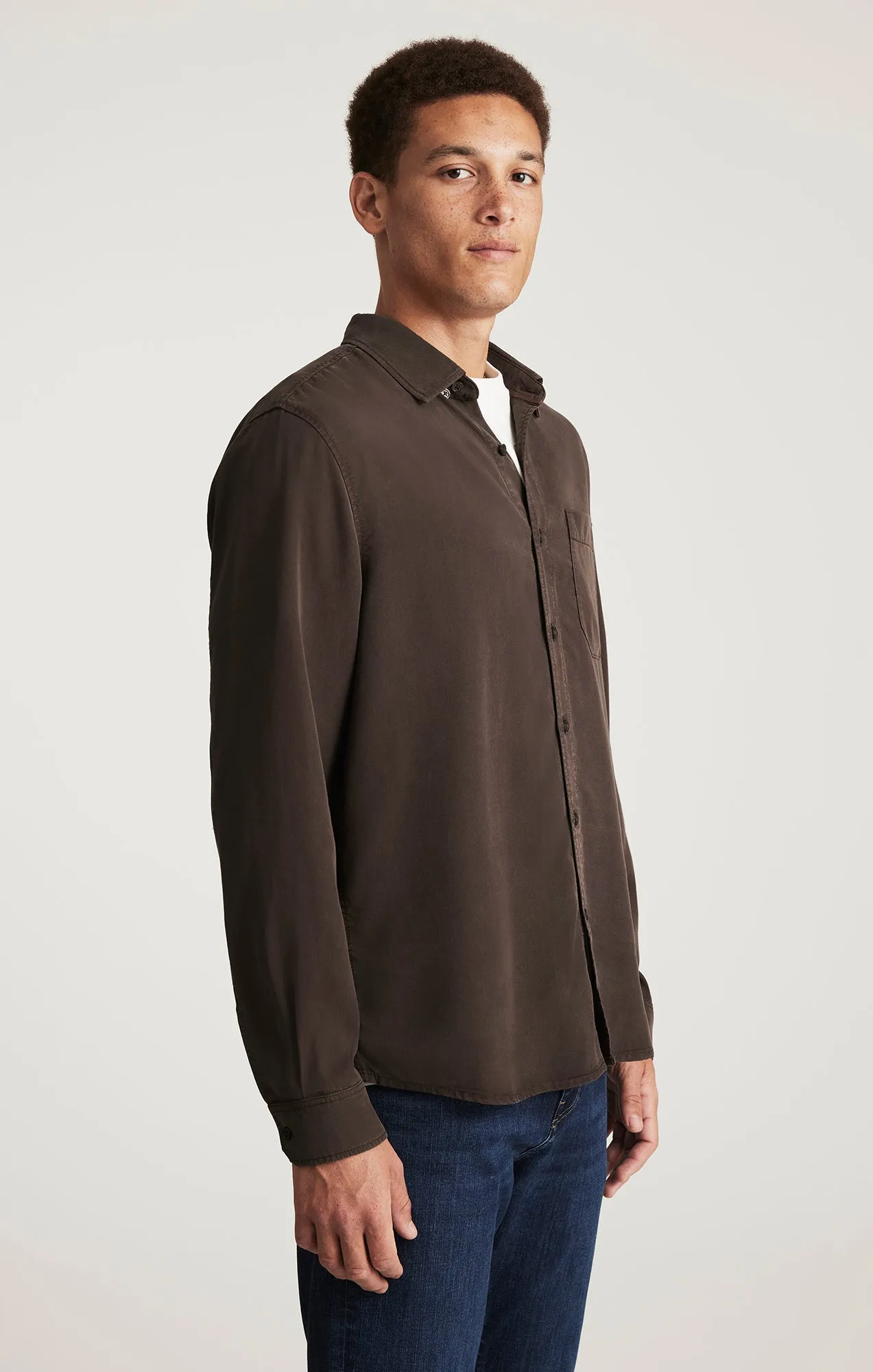 TENCEL? LONG SLEEVE BUTTON-UP SHIRT IN AFTER DARK Yoke Design Streetwear