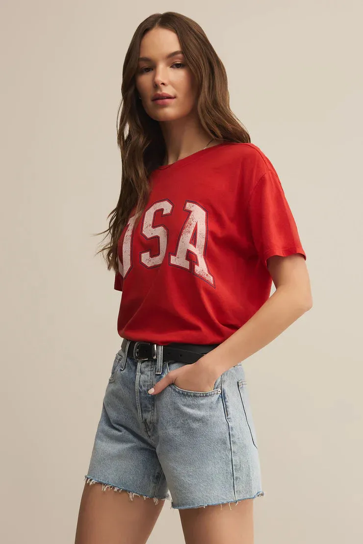 USA Boyfriend Tee | Cabana Red Light Flex Abstract mystery Seam Free Edging
