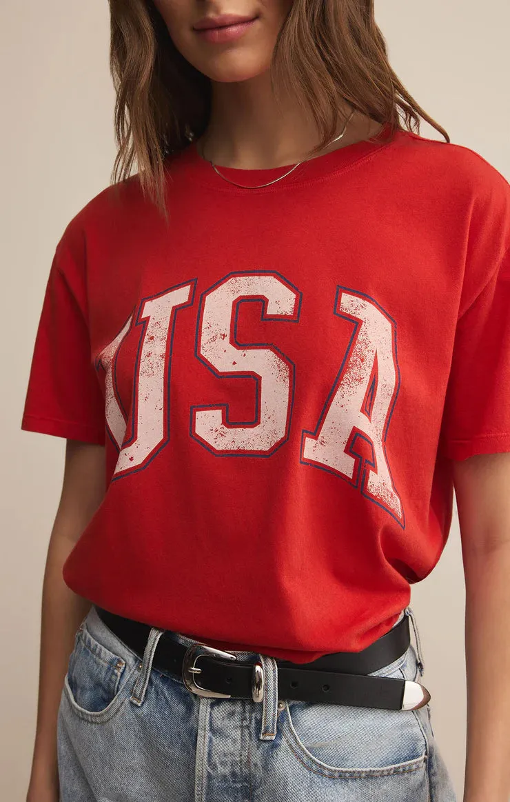USA Boyfriend Tee | Cabana Red Light Flex Eco Friendly Dye