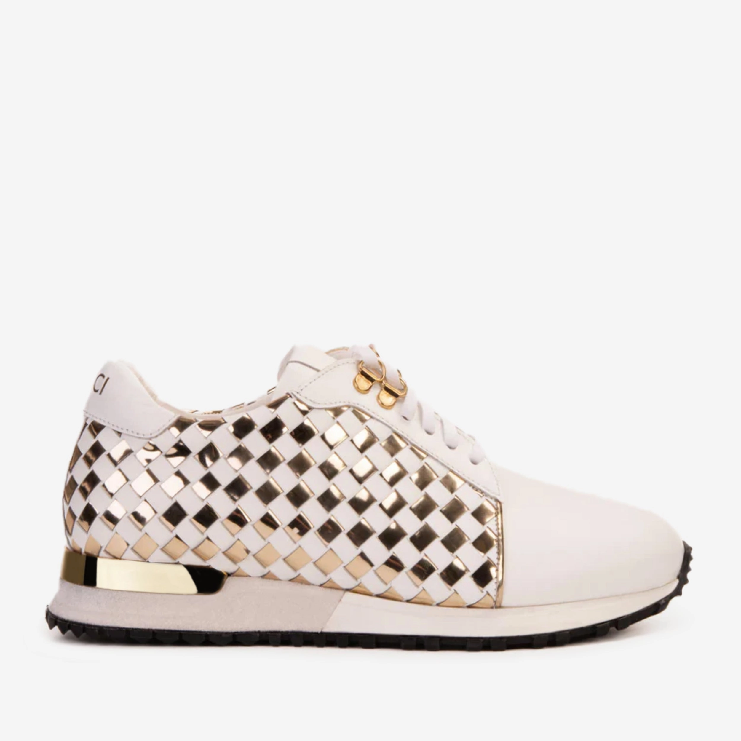 The Mackenzie White & Gold Woven Leather Men Sneaker Ergonomic Last Shape