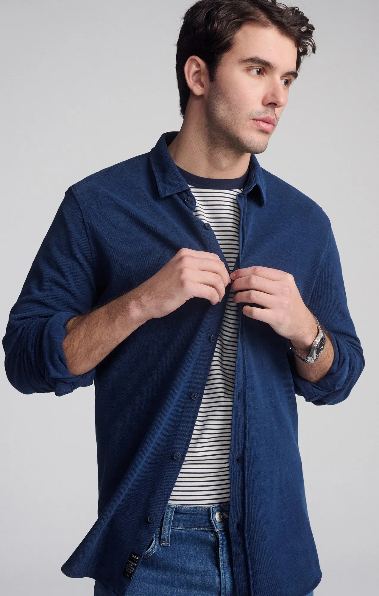 LONG SLEEVE BUTTON-DOWN SHIRT IN INDIGO Abstract art holiday season