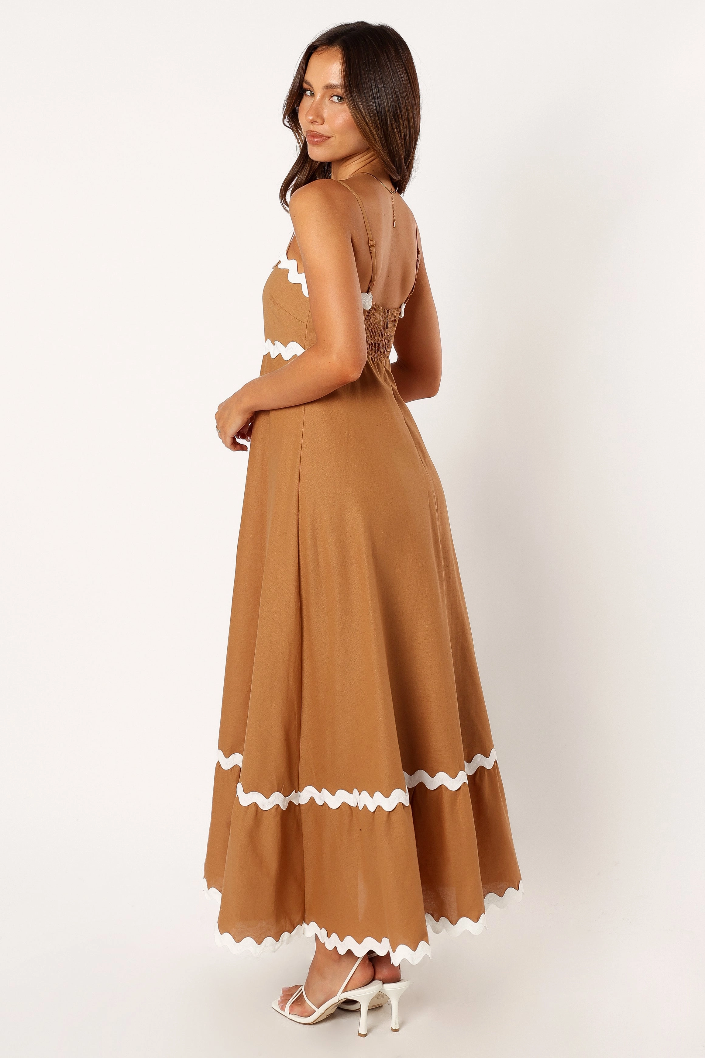 Yana Maxi Dress - Tan White Delicate Lines