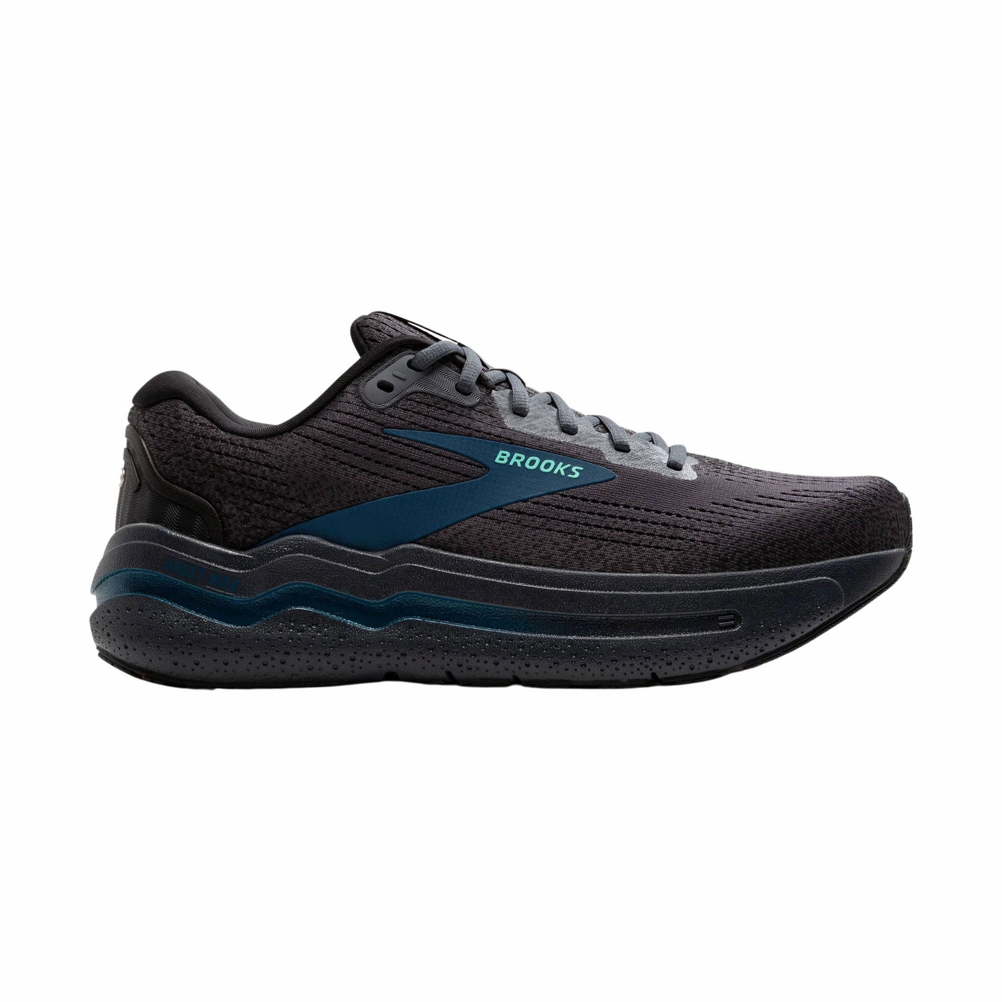 Brooks Men's Ghost Max 2 Road Running Shoes - Ebony/Cockatoo/Blue Sapphire Microfiber Overlays Calm Texture