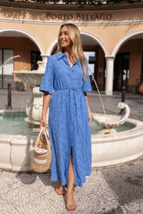 Cooper Embroidered Button Through Midi Dress - Cobalt One-Shoulder Timeless Waist