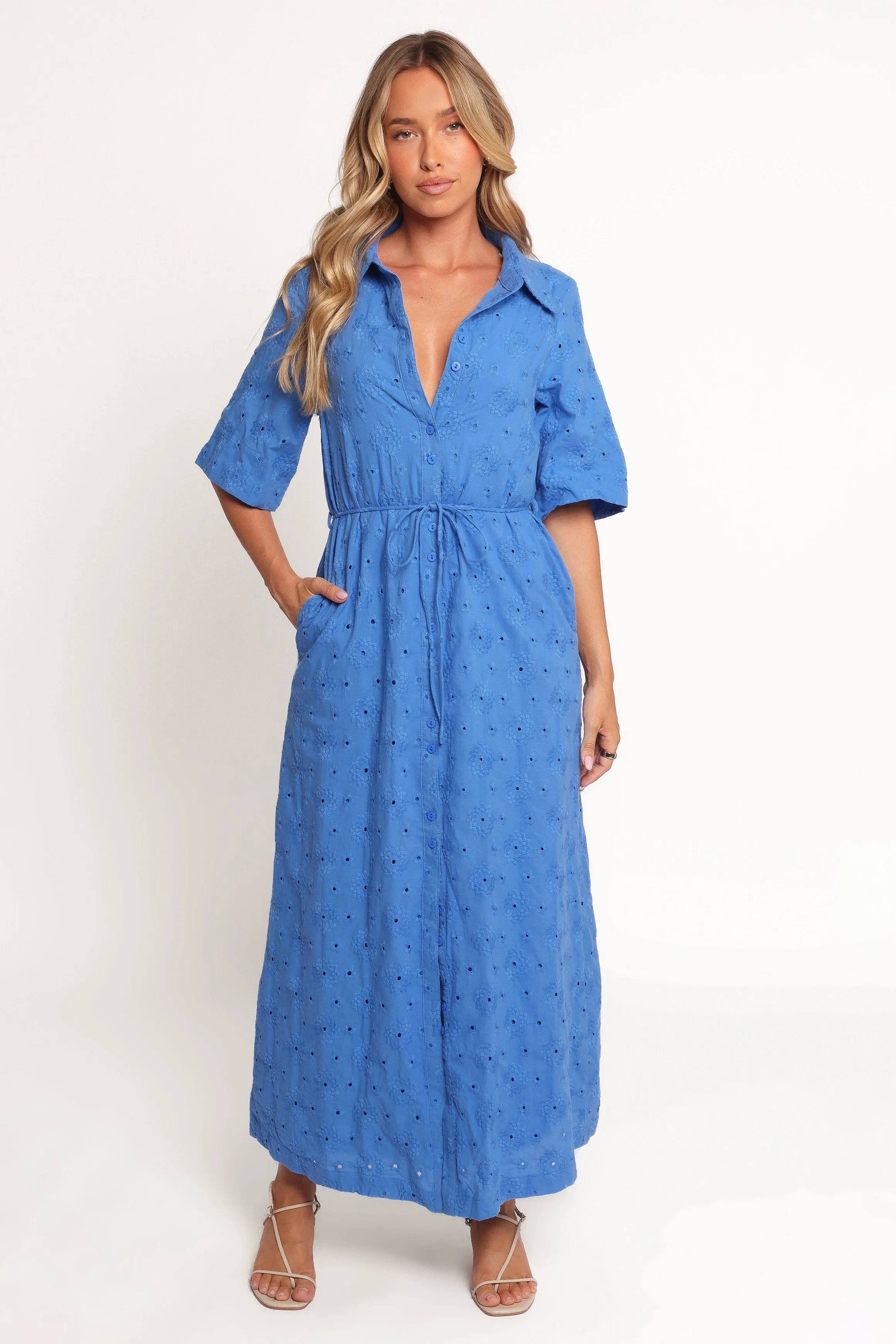 Cooper Embroidered Button Through Midi Dress - Cobalt Timeless Touch