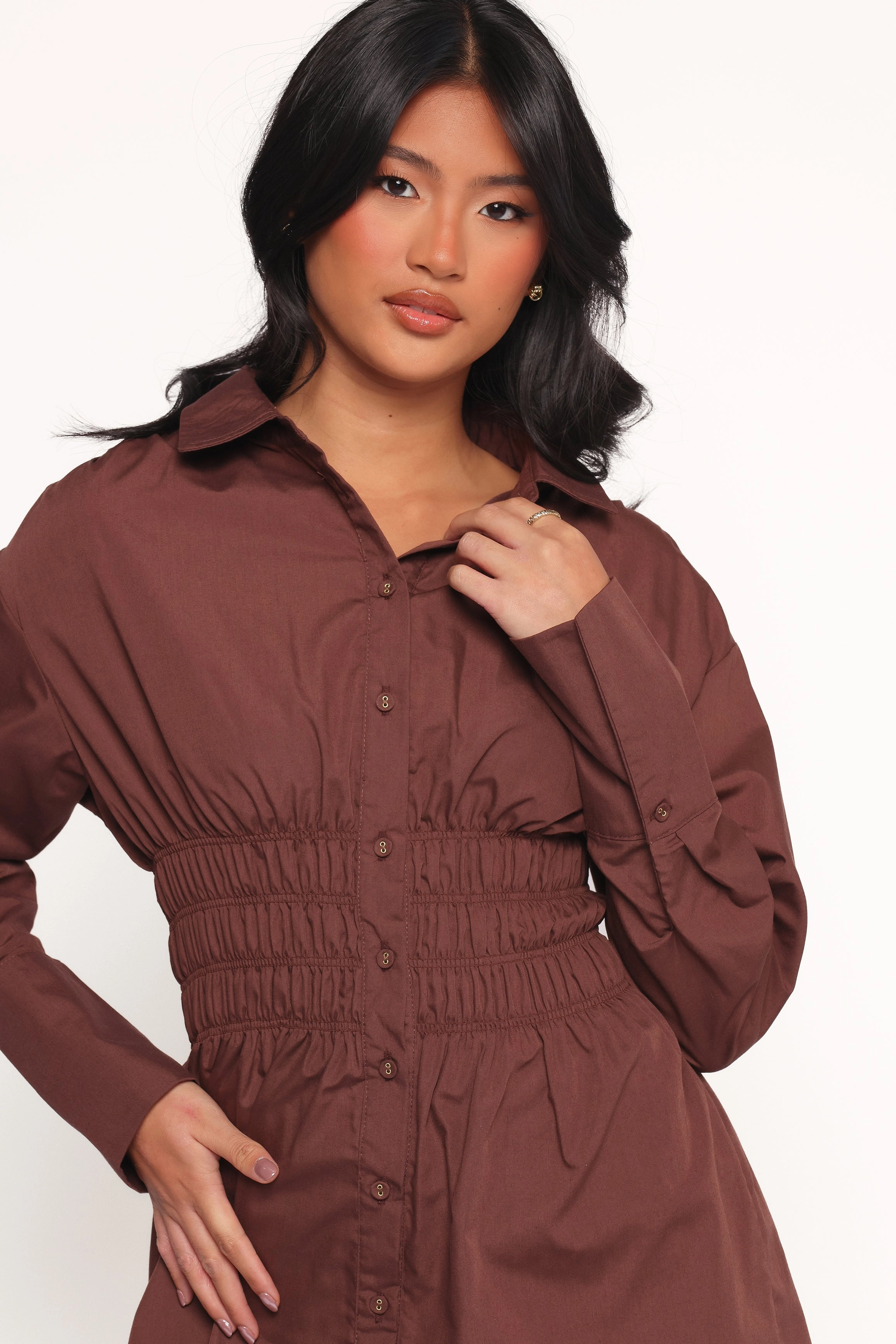 Flowing Layers Shimmer-Finish Wallace Mini Dress - Chocolate