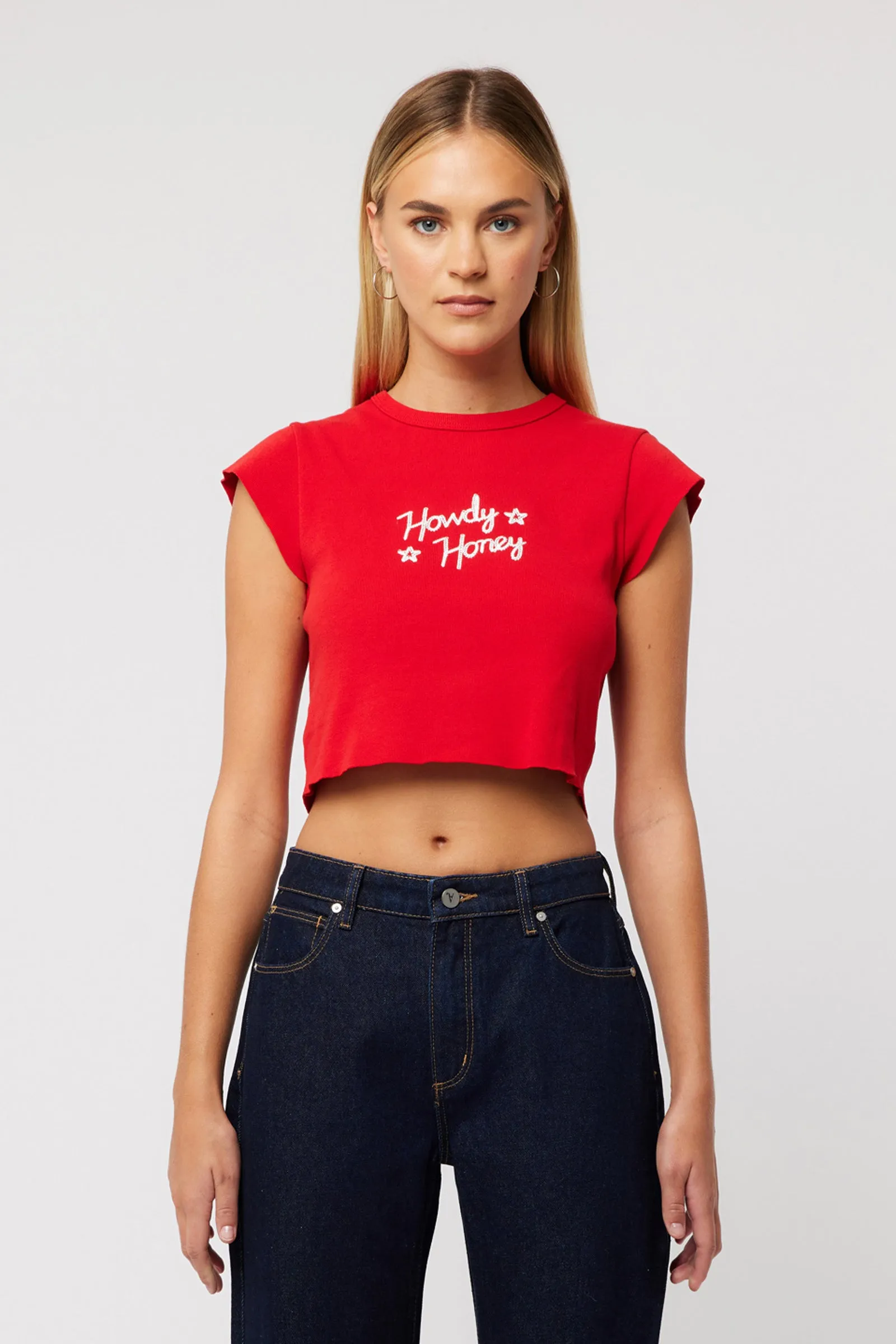 Abrand 90s Rib Cut Off Tee - Red Flexible Waistband Adaptation