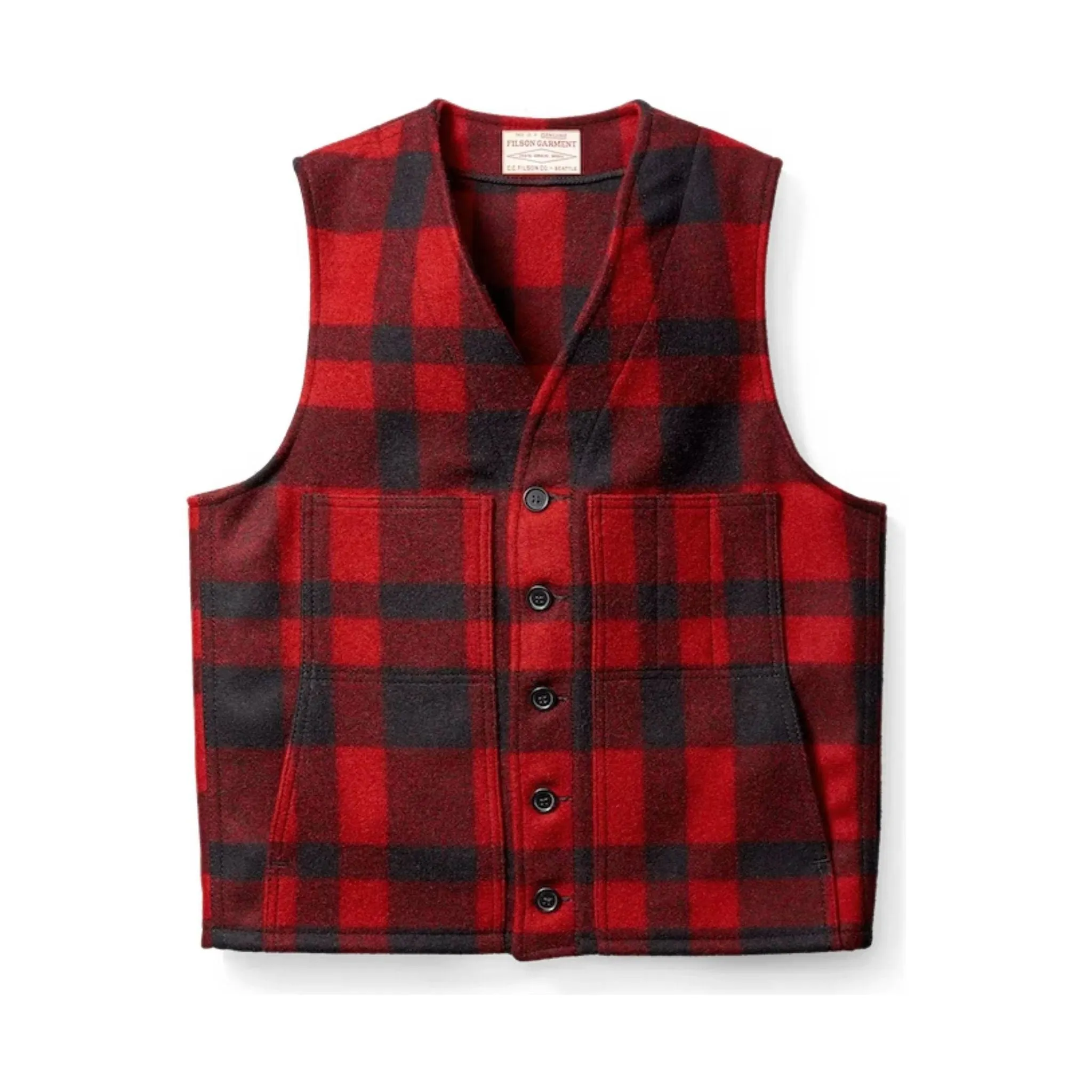Filson Men's Mackinaw Wool Vest - Red/Black SoftInnerLayer Magnetic Fastenings
