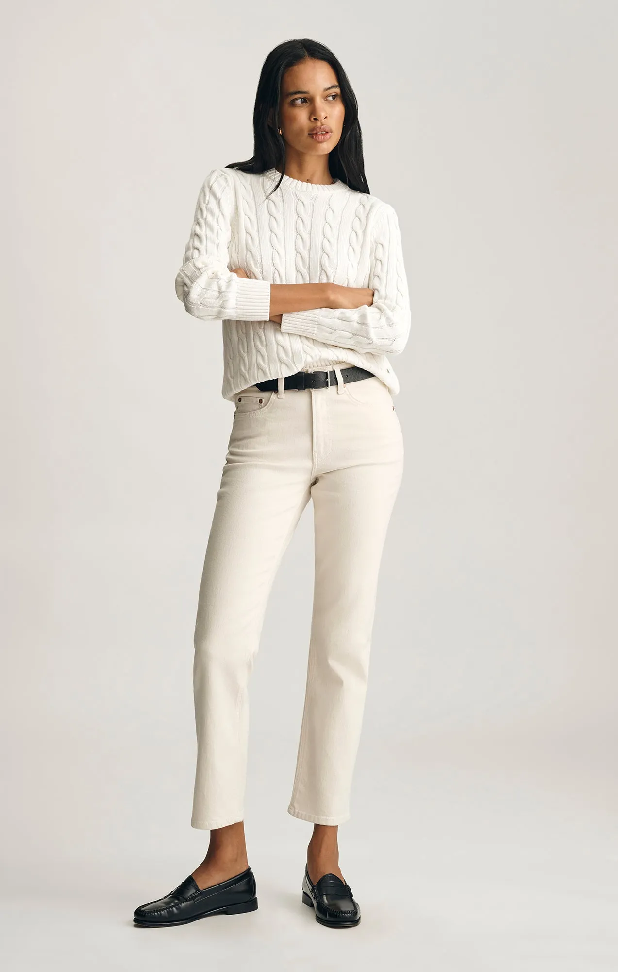 goes with sneakers CABLE-KNIT CREW NECK SWEATER IN ANTIQUE WHITE