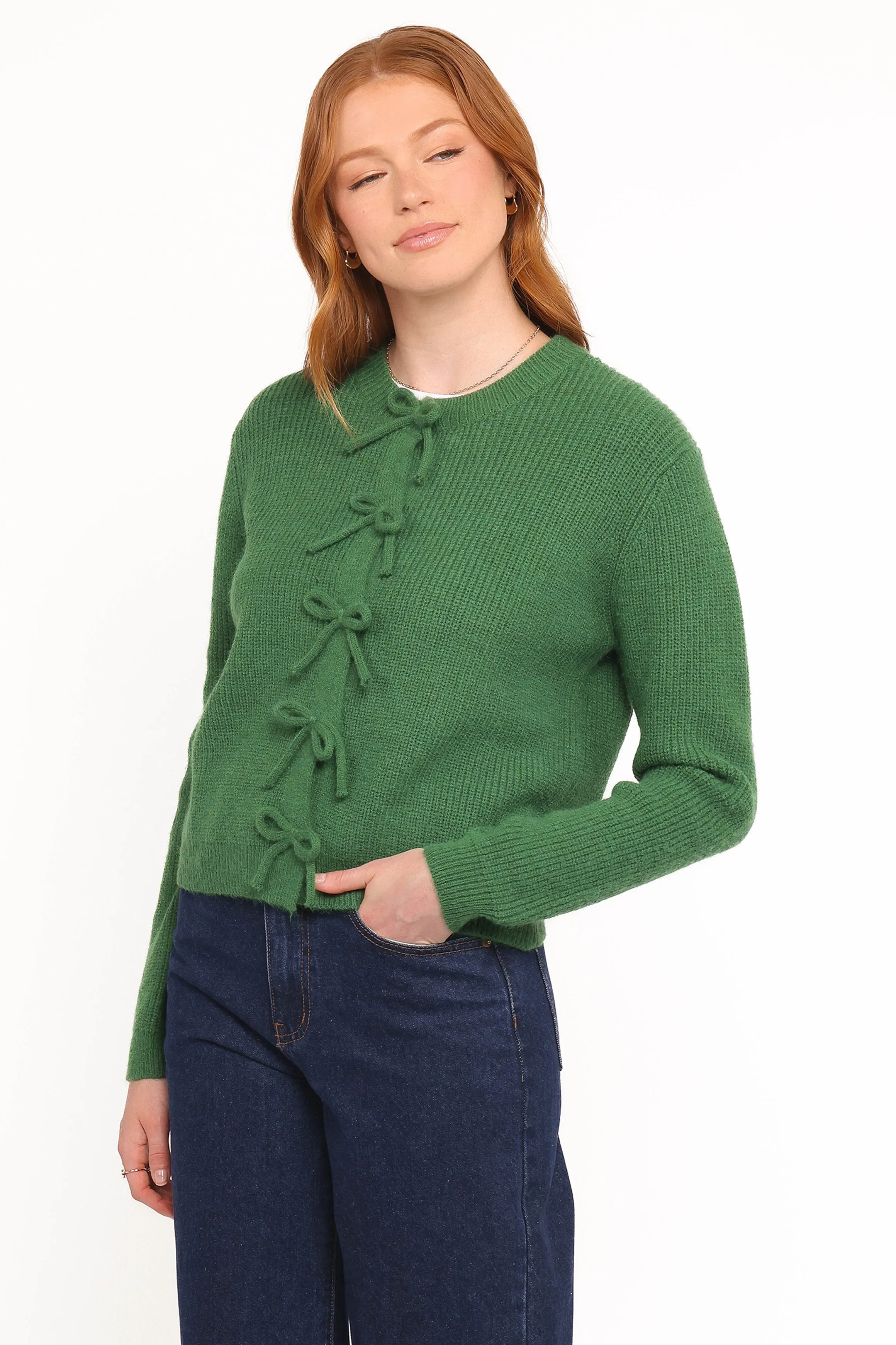 Multi Layer Weaving Wilde Bow Front Cardigan - Green
