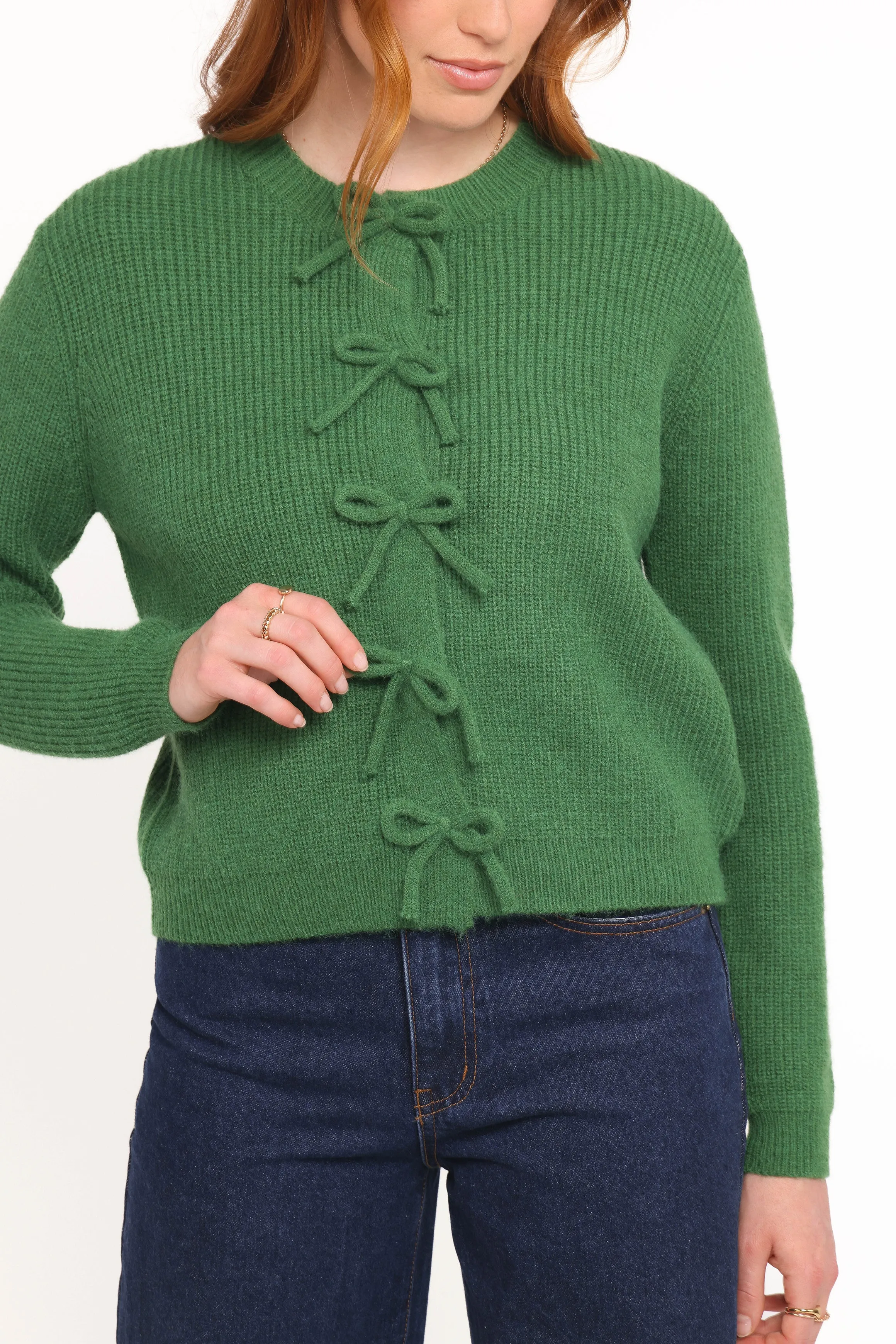 Colorfast Dyed Knit Work Day Wilde Bow Front Cardigan - Green