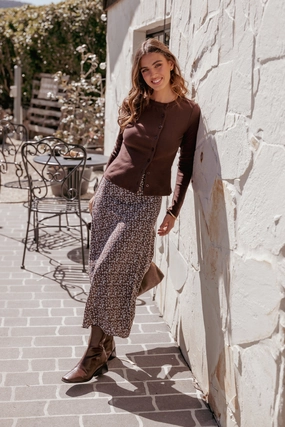 Willow Midi Skirt - Brown Blue Floral Comfy Look