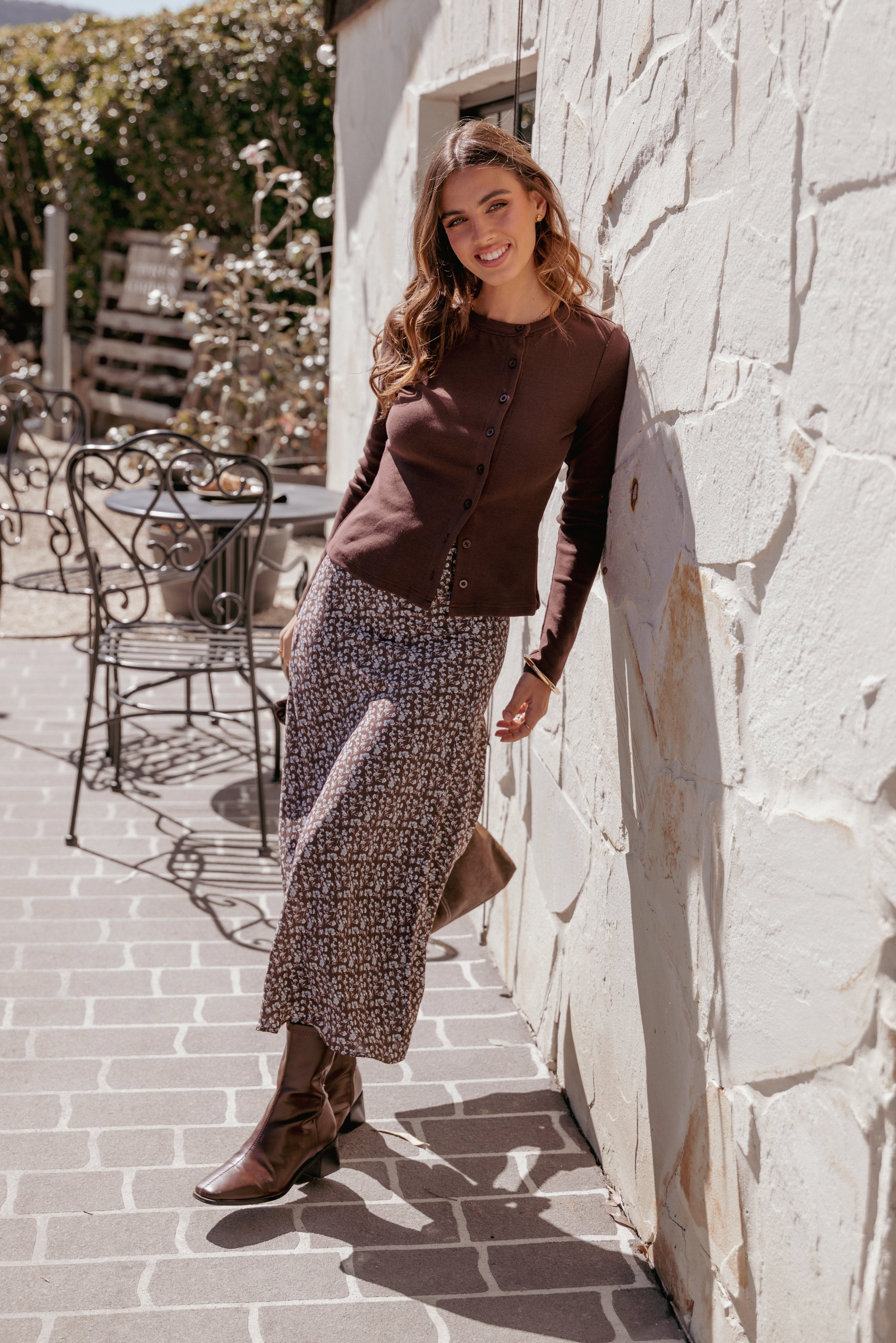 Willow Midi Skirt - Brown Blue Floral Comfy Look