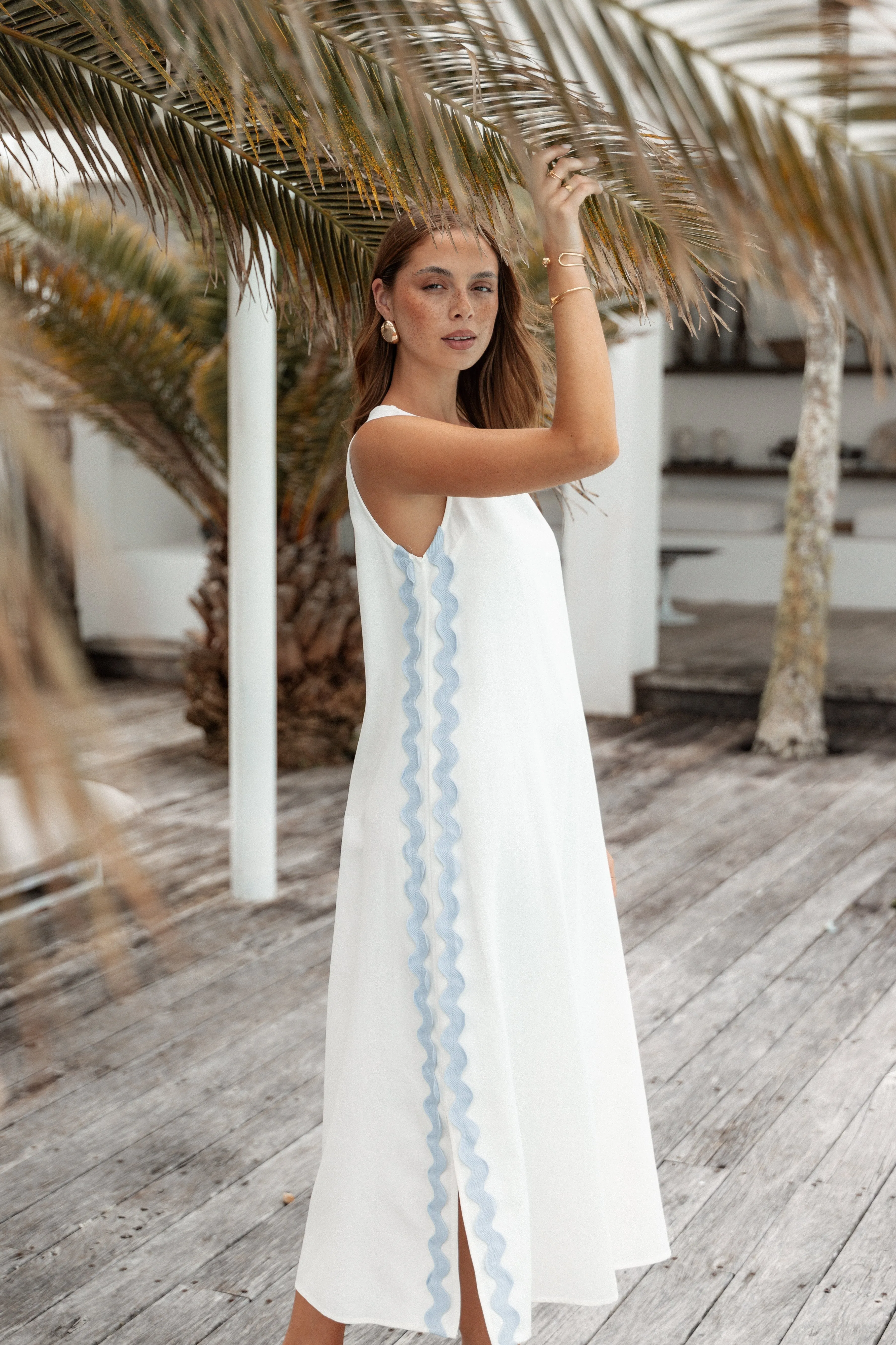Lennie Midi Dress - Cream Blue Flexible Waist foldable