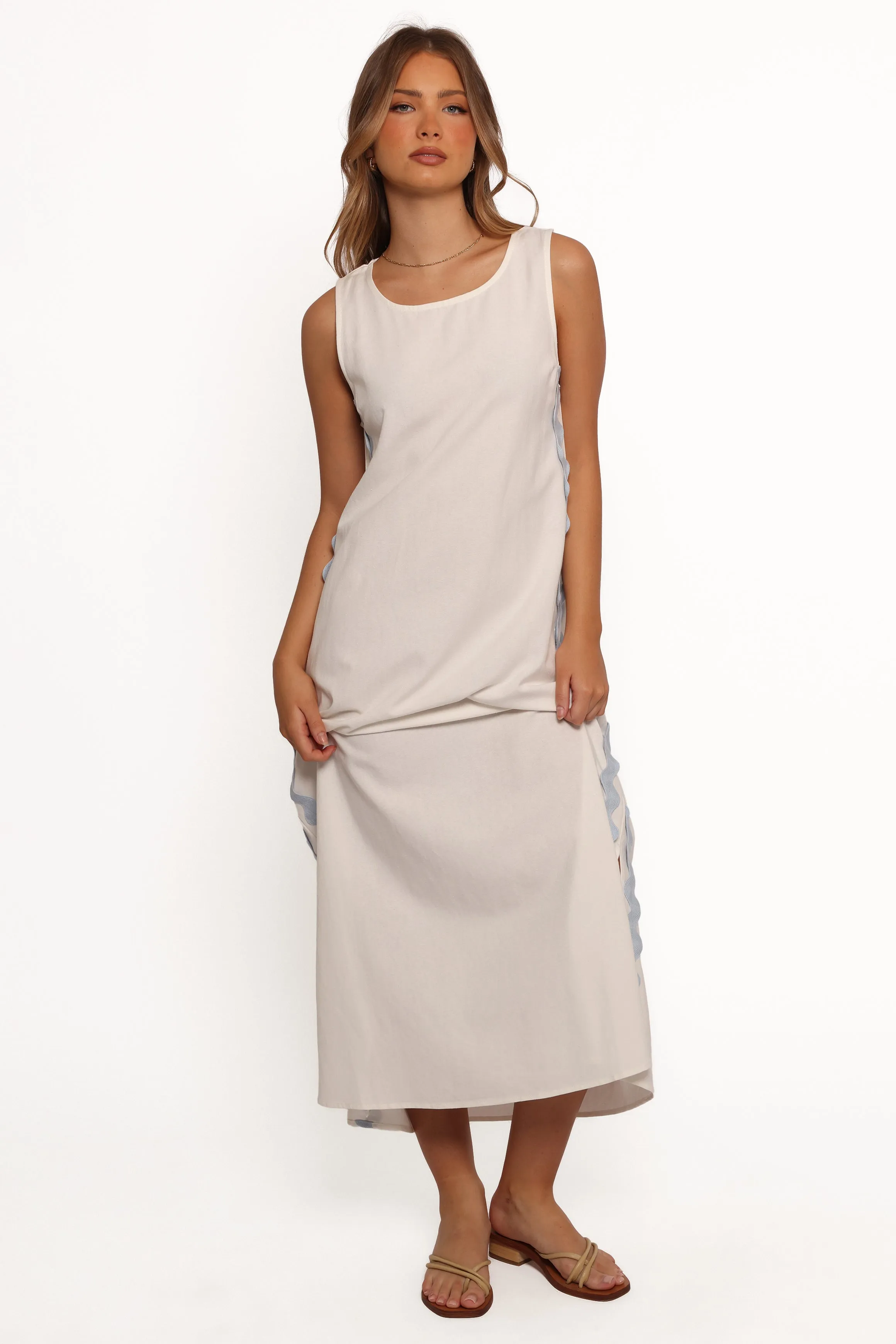 Lennie Midi Dress - Cream Blue Smart and Chic NoiseFreeFabric