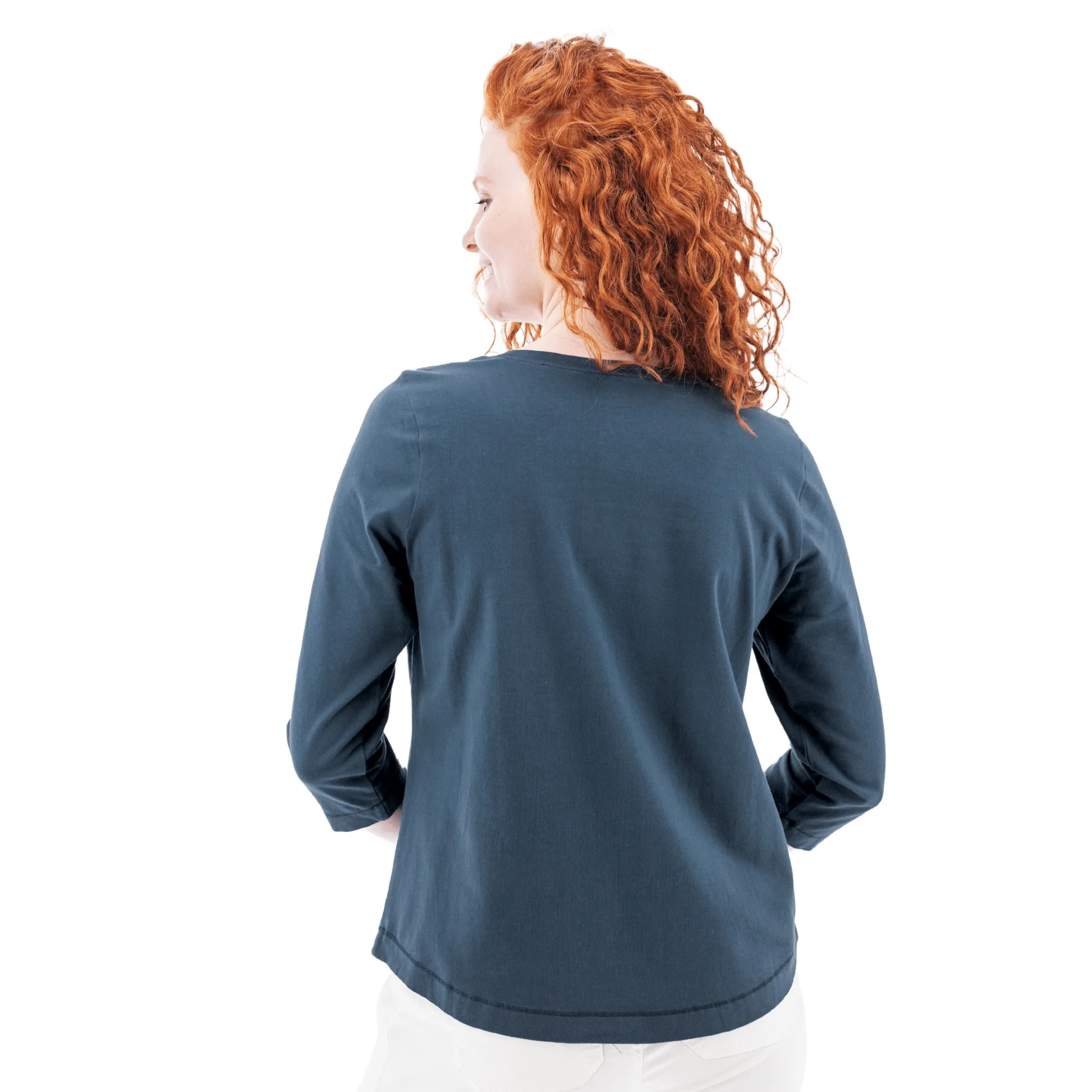 Old Ranch Women's Magnolia 25 Organic Three Quarter Sleeve Top - Midnight Navy Mesh Panel Details Adjustable Collar System