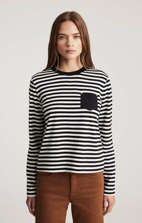 ONE POCKET LONG SLEEVE T-SHIRT IN BLACK WHITE STRIPE Textured Surface Anti Static Fabric