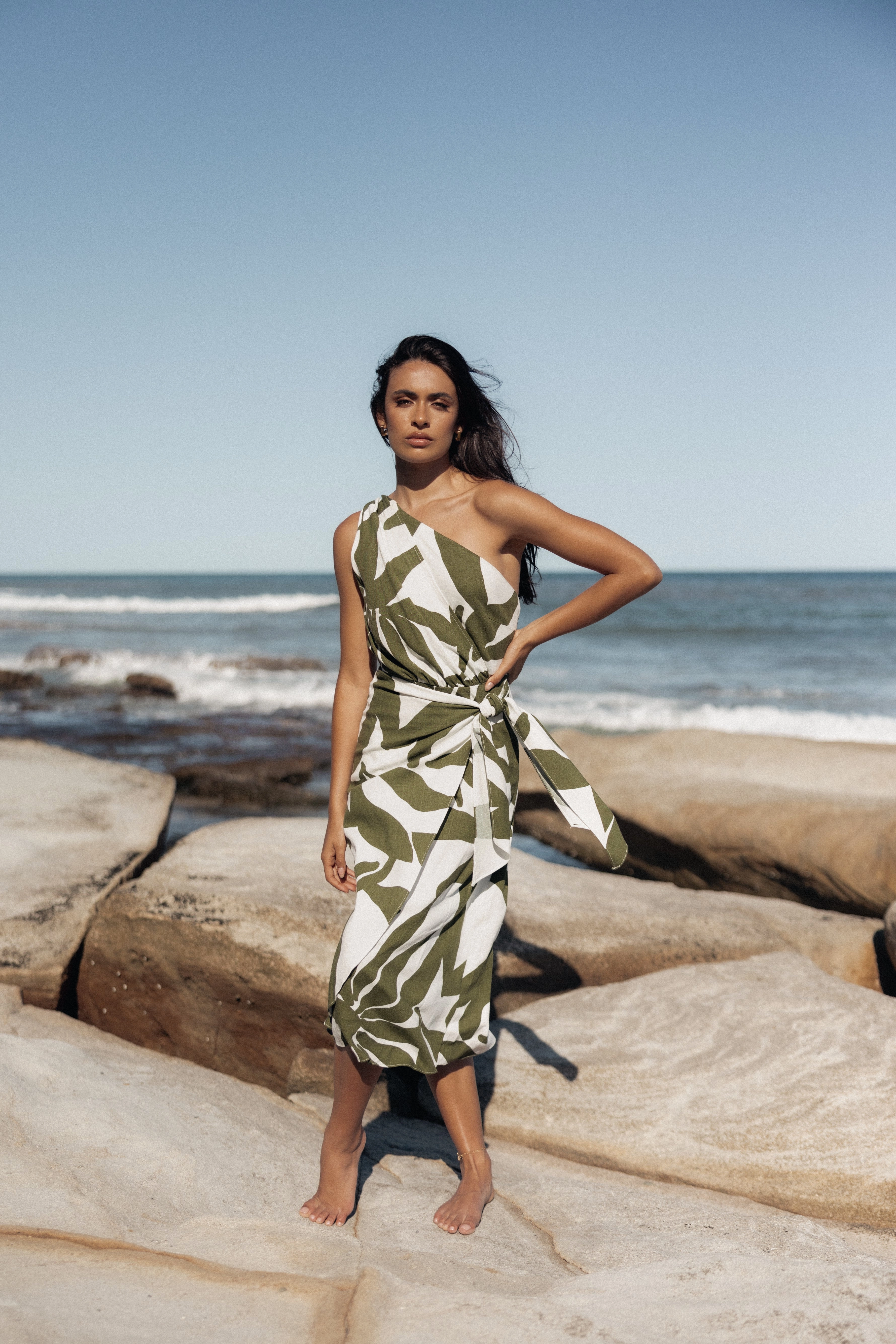 Zara One Shoulder Midi Dress - Olive Palm Stylish Mood Trendy Design