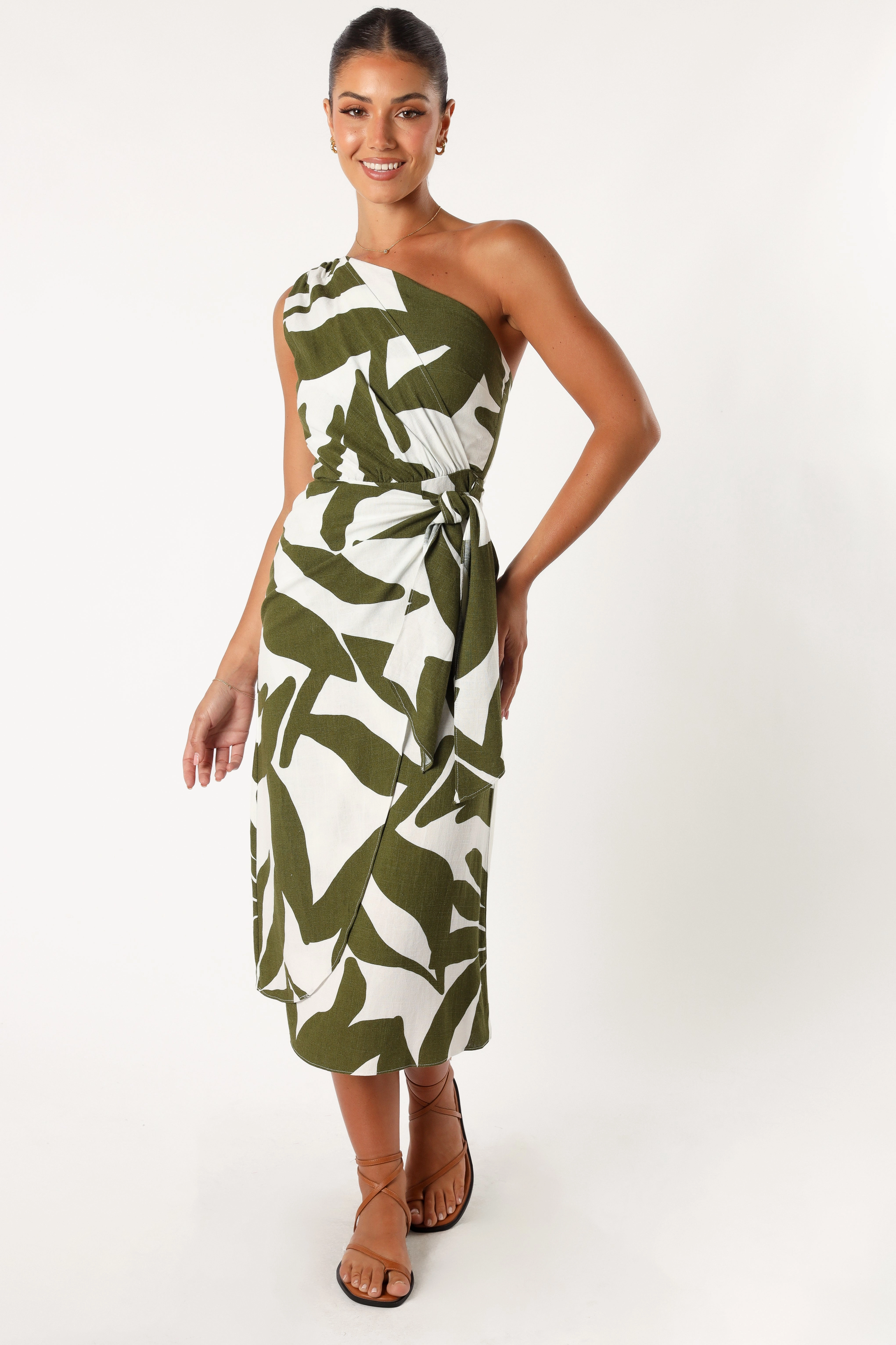 Jewel-Tone Zara One Shoulder Midi Dress - Olive Palm