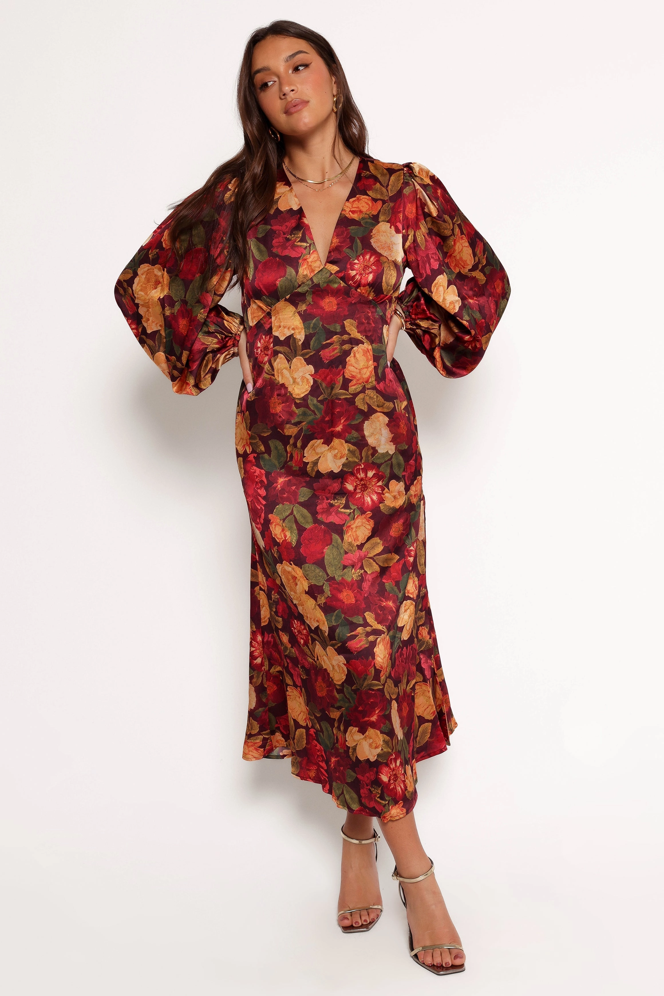 Cozy And Stylish Elegant Mood Zimmer Long Sleeve Maxi Dress - Sangria Bloom